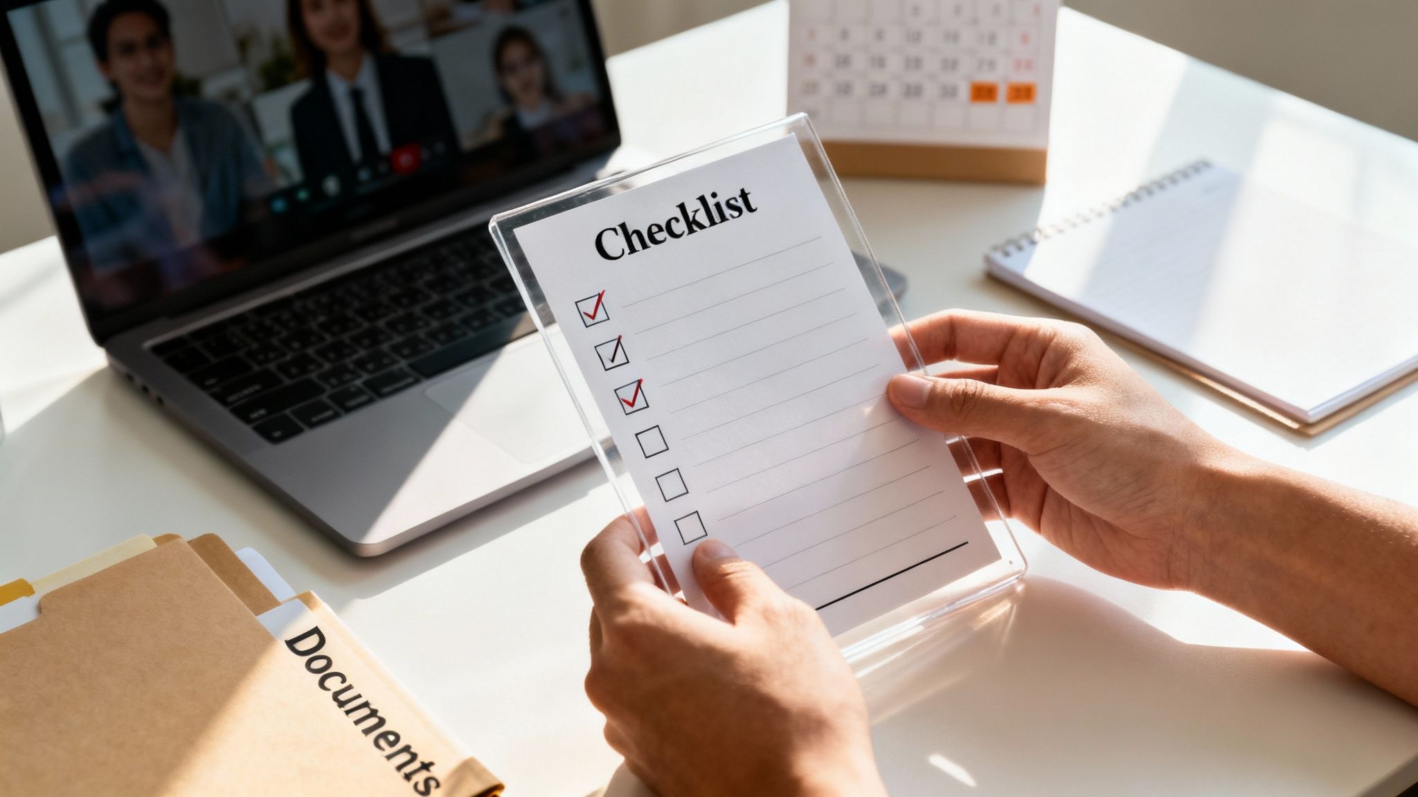 Hands holding a checklist with checked items during a video call on a laptop with documents on a desk.