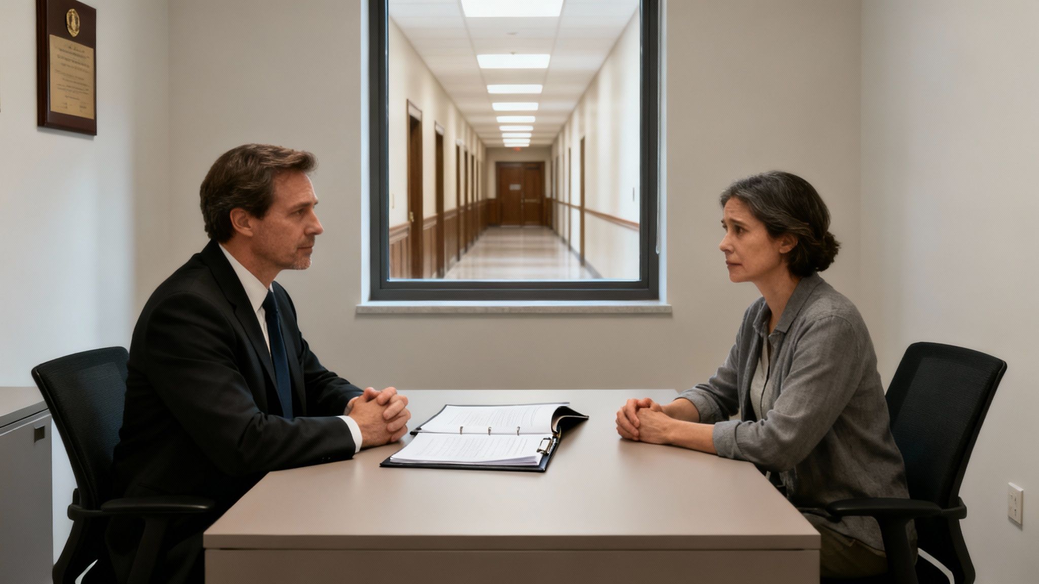Man in suit and woman in grey top sit across table, documents between them, having a serious discussion.