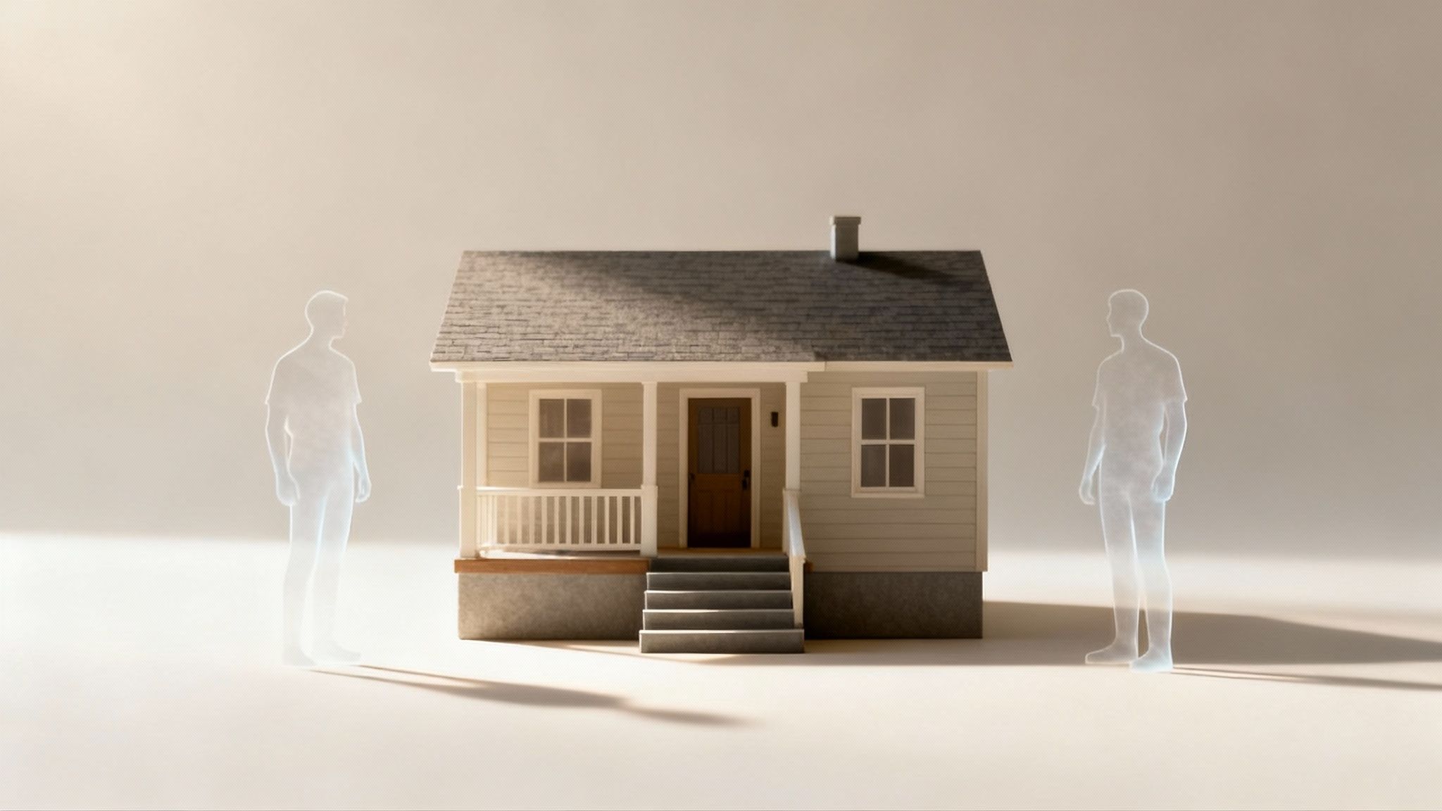 Two ethereal figures stand on either side of a miniature house, on a light background.
