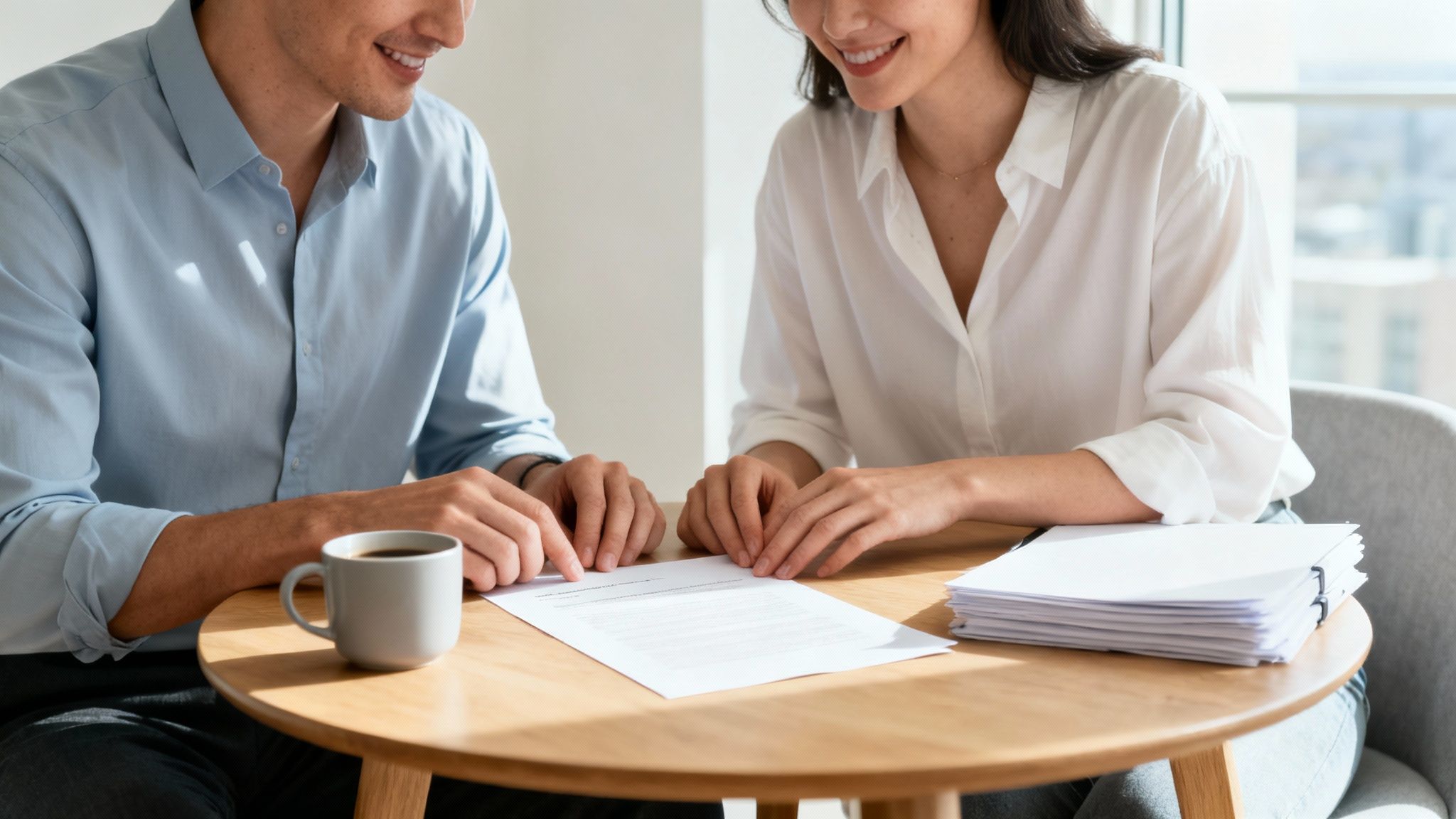 Smiling man and woman reviewing a document and discussing details at a table.