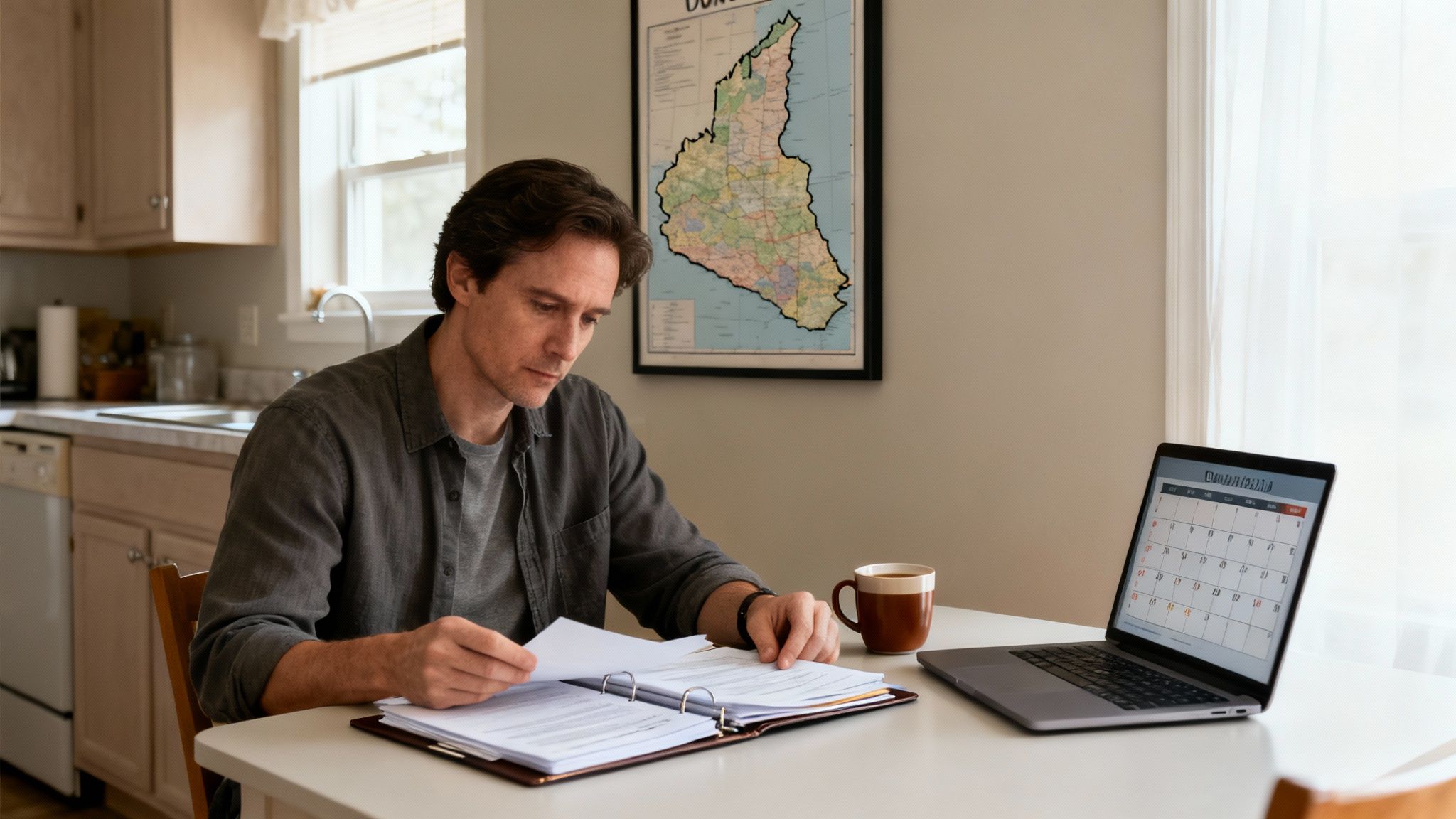 A man in a gray shirt reviews paperwork in a binder at a kitchen table, with a laptop and coffee mug nearby.