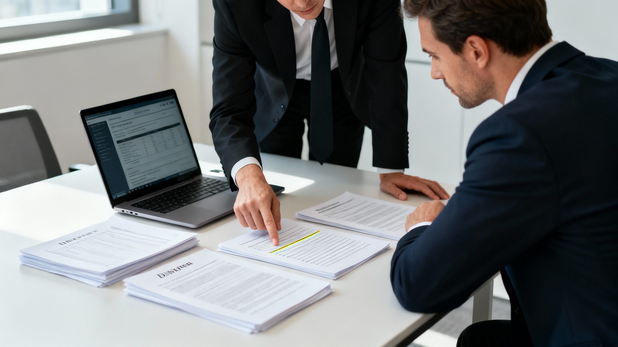 Two professional businessmen in suits discussing documents and reviewing papers on an office desk with a laptop.