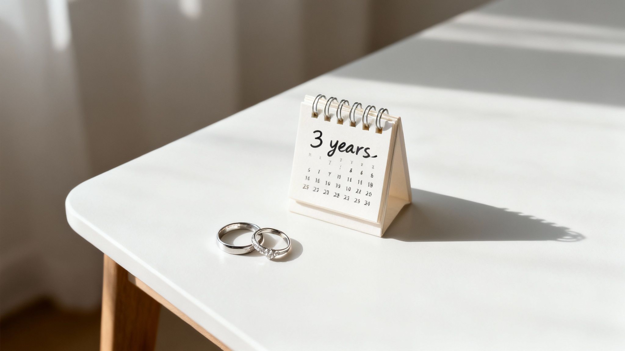 Two wedding rings, one with diamonds, next to a small desk calendar displaying "3 years" on a white table.