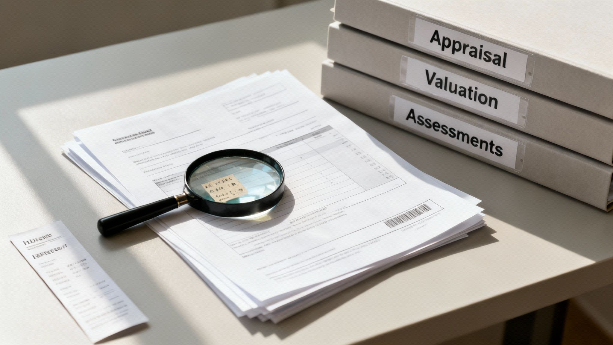 A magnifying glass rests on financial documents, with three binders labeled Appraisal, Valuation, and Assessments nearby.