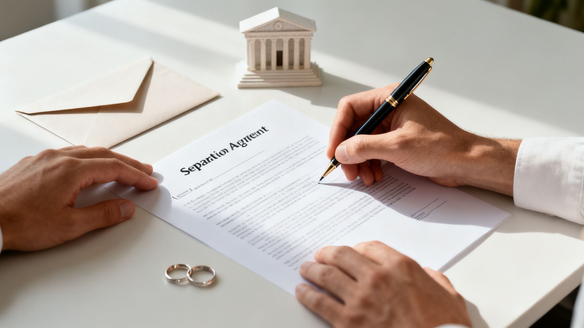 A person signs a separation agreement document with a pen, with wedding rings and a miniature courthouse nearby.