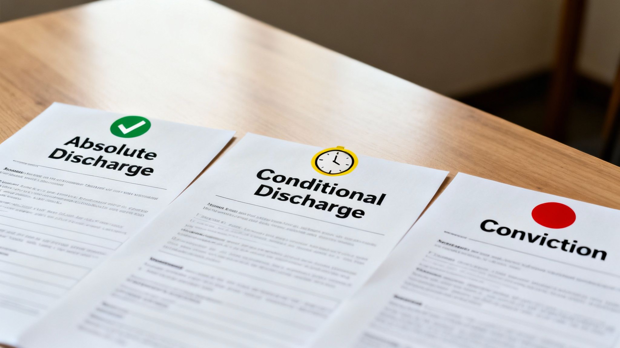 Three legal documents explaining absolute discharge, conditional discharge, and conviction on a wooden table.