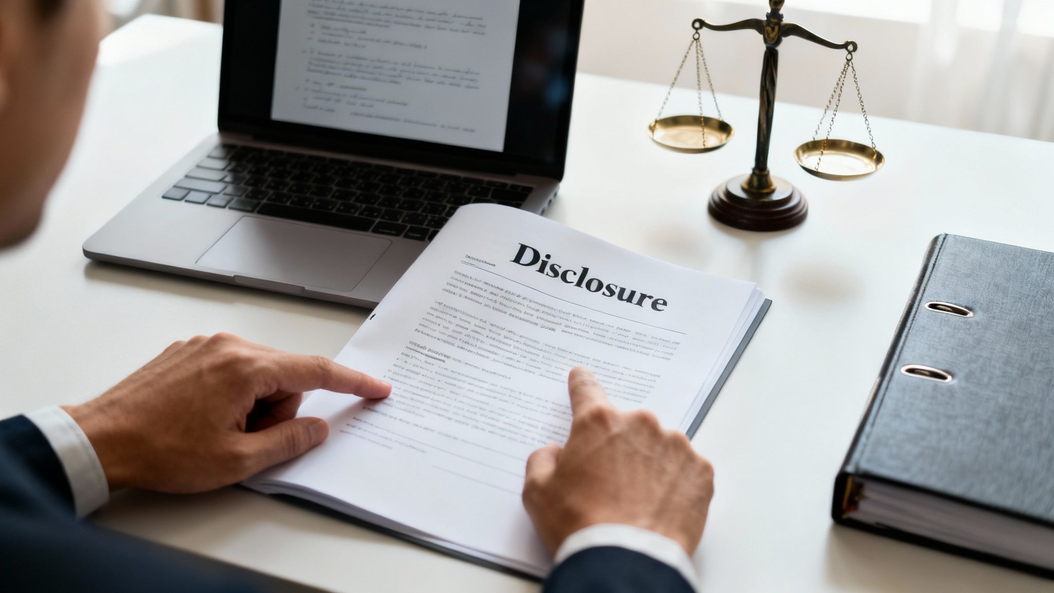 A person reviewing a 'Disclosure' legal document with a laptop and scales of justice on a white desk.