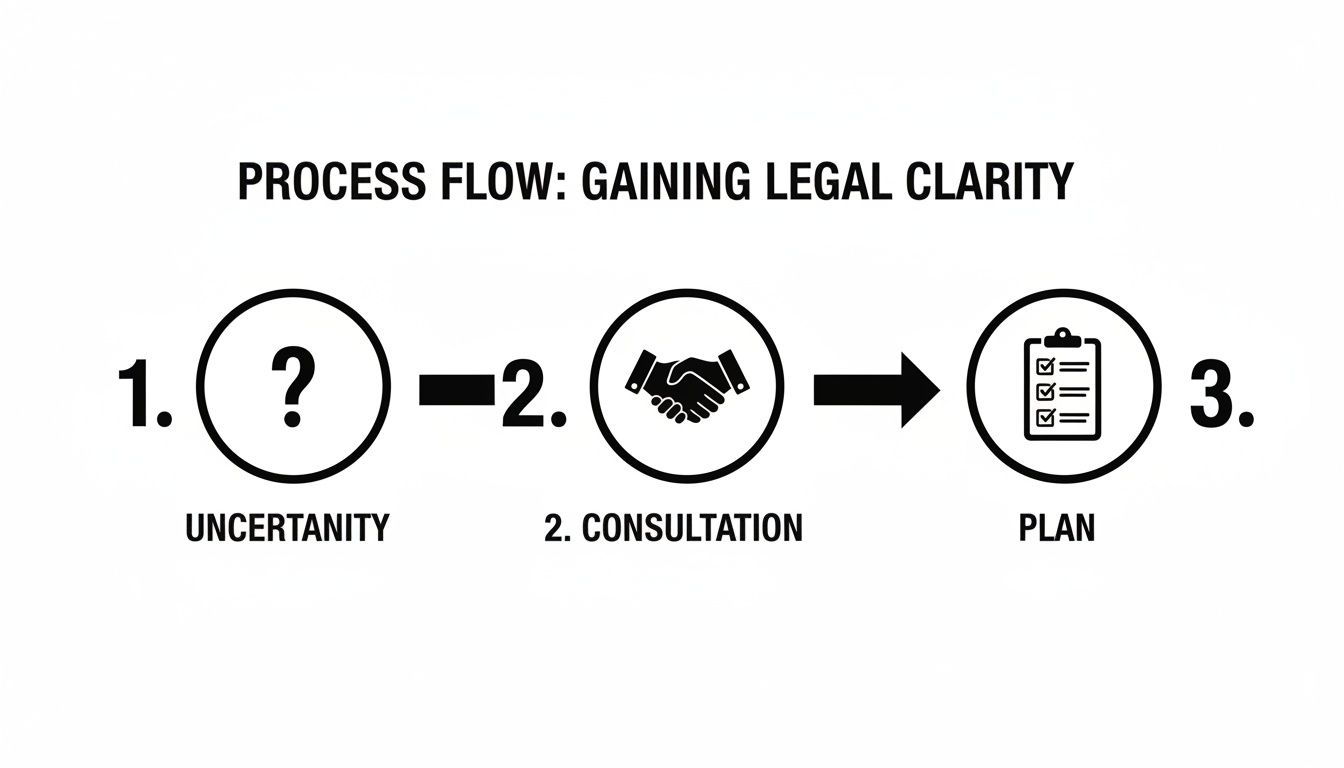 A three-step process flow illustrating how to gain legal clarity: Uncertainty, Consultation, Plan.