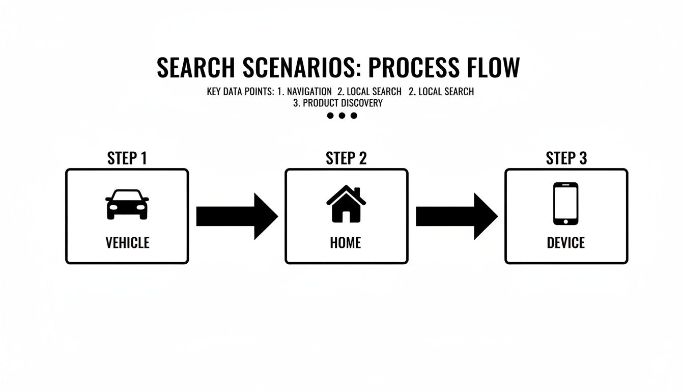 A three-step process flow illustrating search scenarios from vehicle to home to device.
