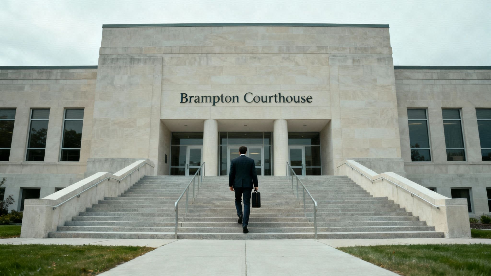 Man in suit approaches Brampton Courthouse, carrying a briefcase on an overcast day.