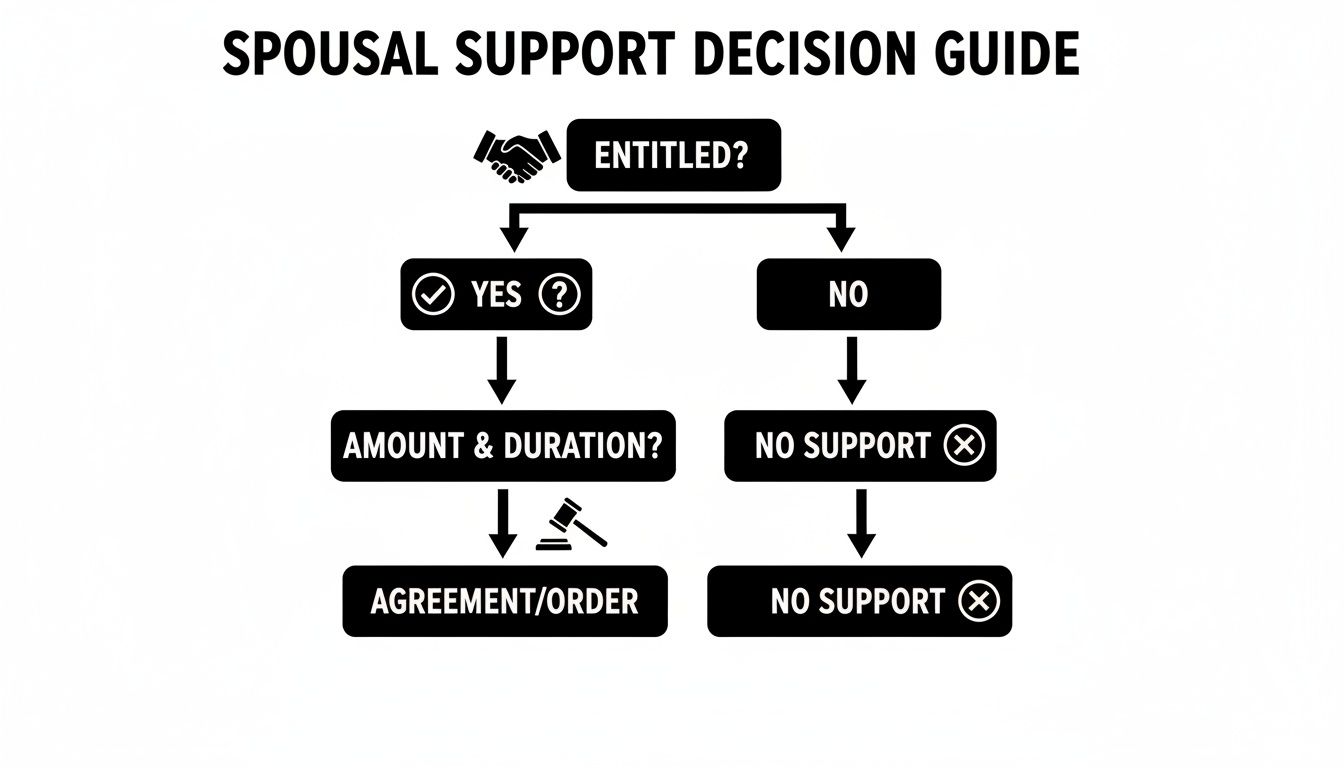 Flowchart guiding spousal support decisions, from initial entitlement questions to final agreement or denial.