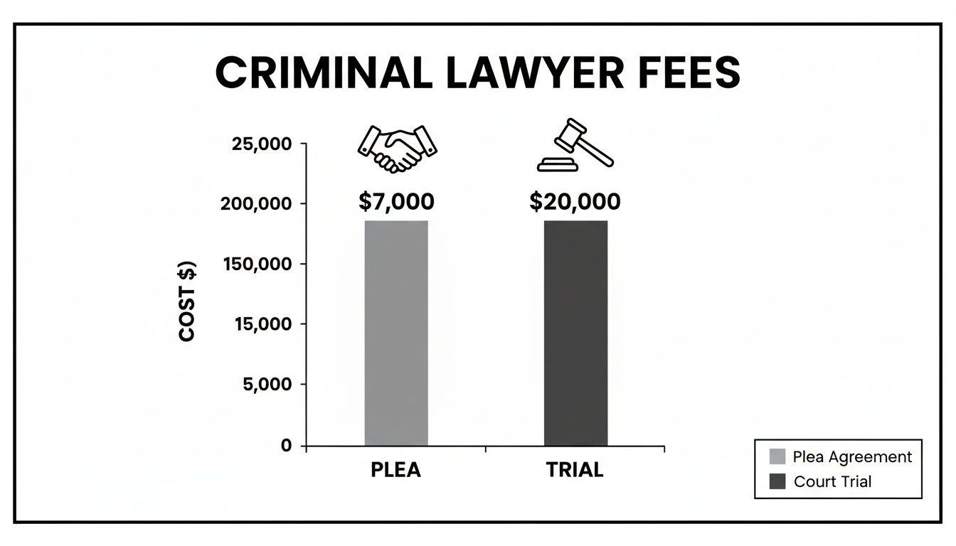 Bar chart comparing criminal lawyer fees: $7,000 for a plea agreement vs. $20,000 for a court trial.