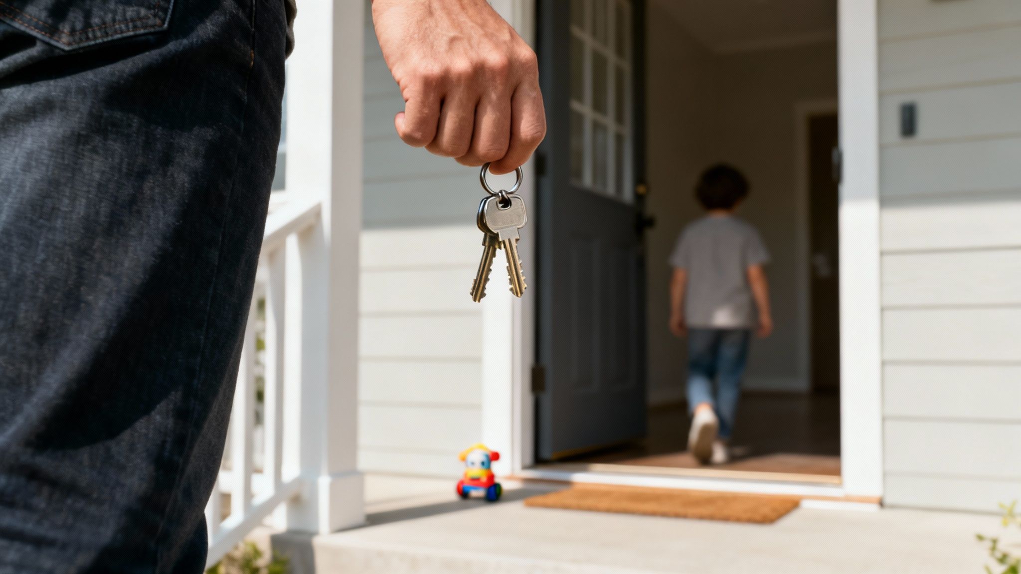 A person holding house keys in the foreground, with a child walking into a new home.