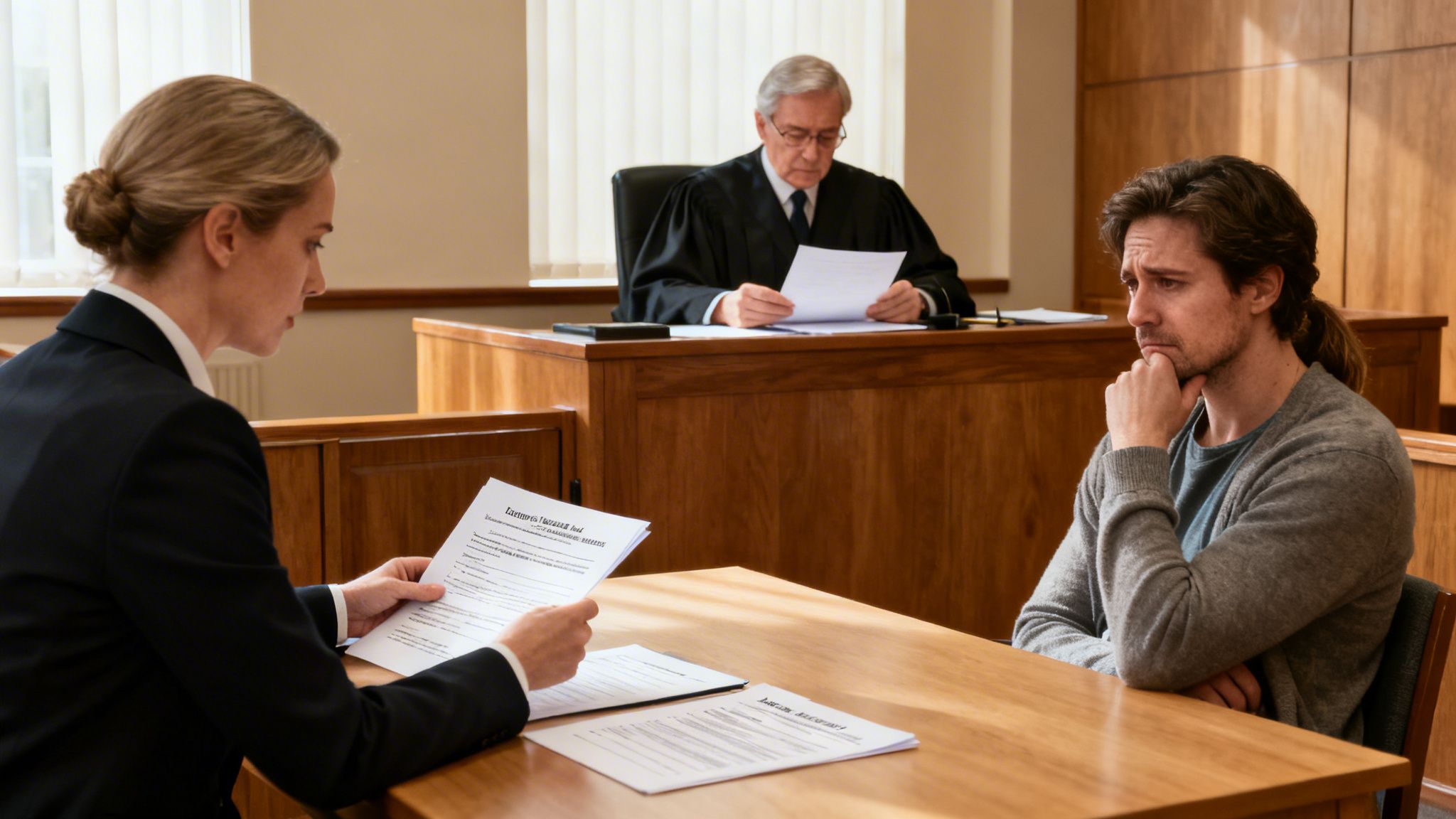 A lawyer and defendant review documents in a courtroom with a judge overseeing the proceedings.