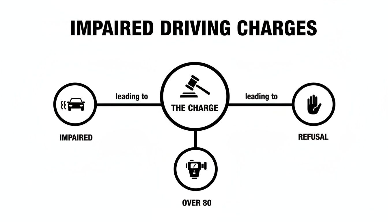 A flowchart illustrating impaired driving charges: Impaired, Refusal, and Over 80, all leading to 'The Charge'.