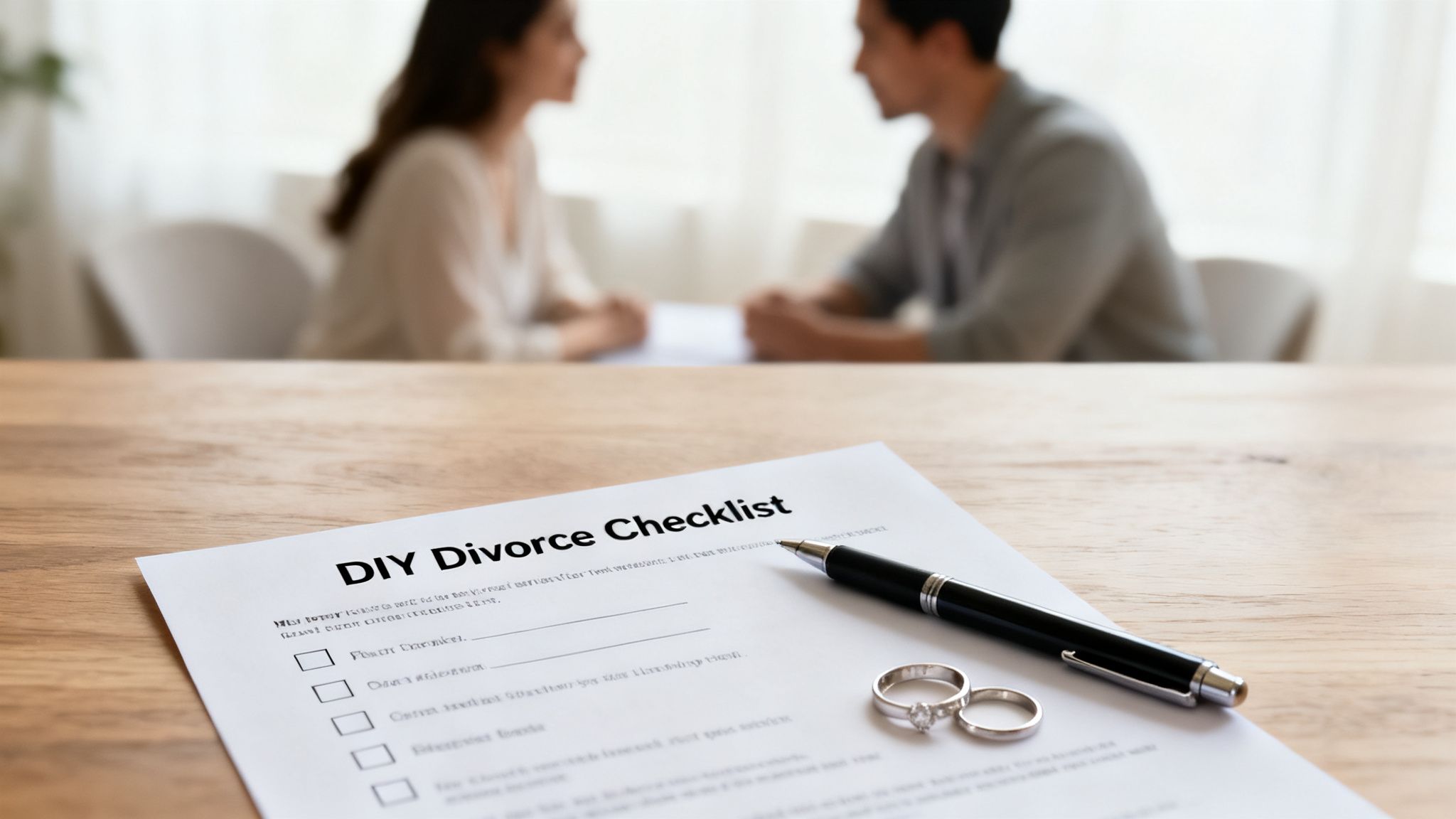 A DIY Divorce Checklist document, pen, and wedding rings on a wooden table, with a blurred couple talking in the background.