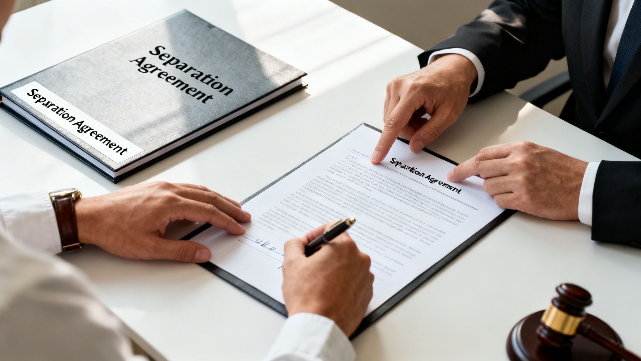 Two people review and sign a 'Separation Agreement' document with a lawyer's guidance.