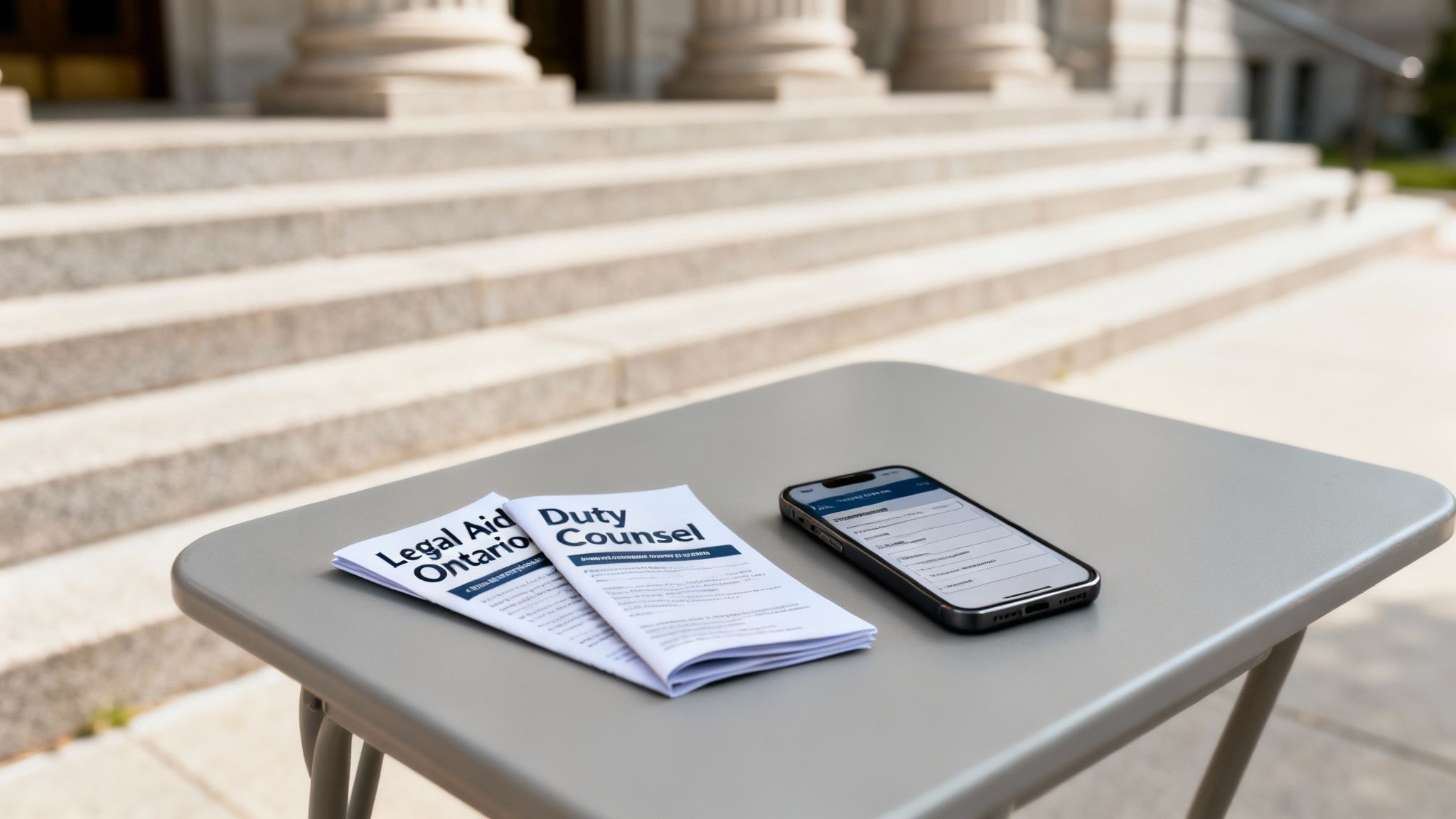 Legal Aid Ontario and Duty Counsel brochures next to a smartphone on a table outside a courthouse.