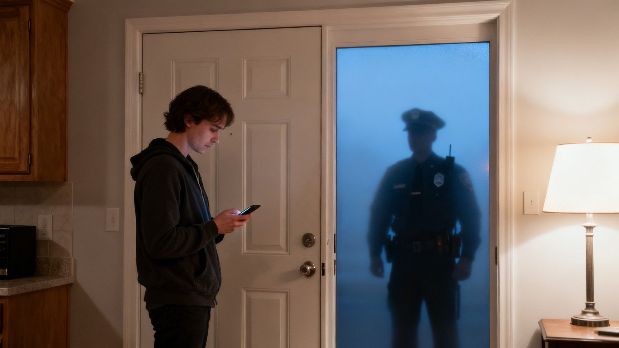 A young man checks his phone as a blurred police officer stands behind a frosted glass door.