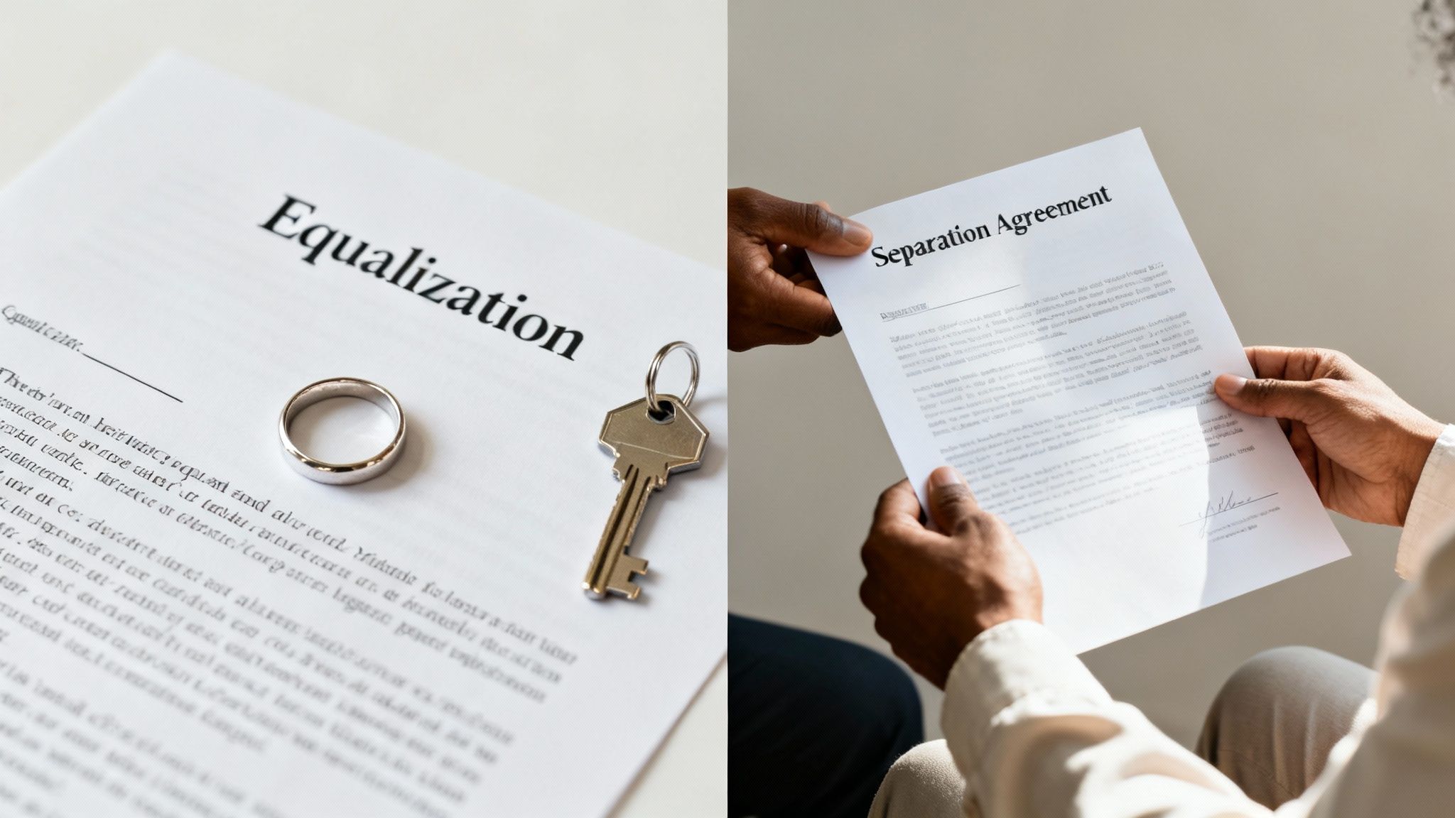 Hands holding a separation agreement and a document about equalization with a wedding ring and house key.