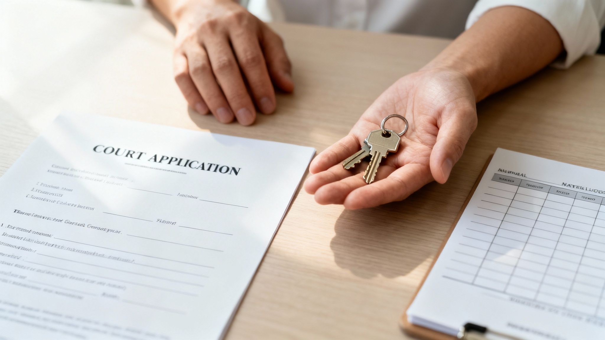 A person's hands holding house keys near a court application document on a wooden table, suggesting legal proceedings.