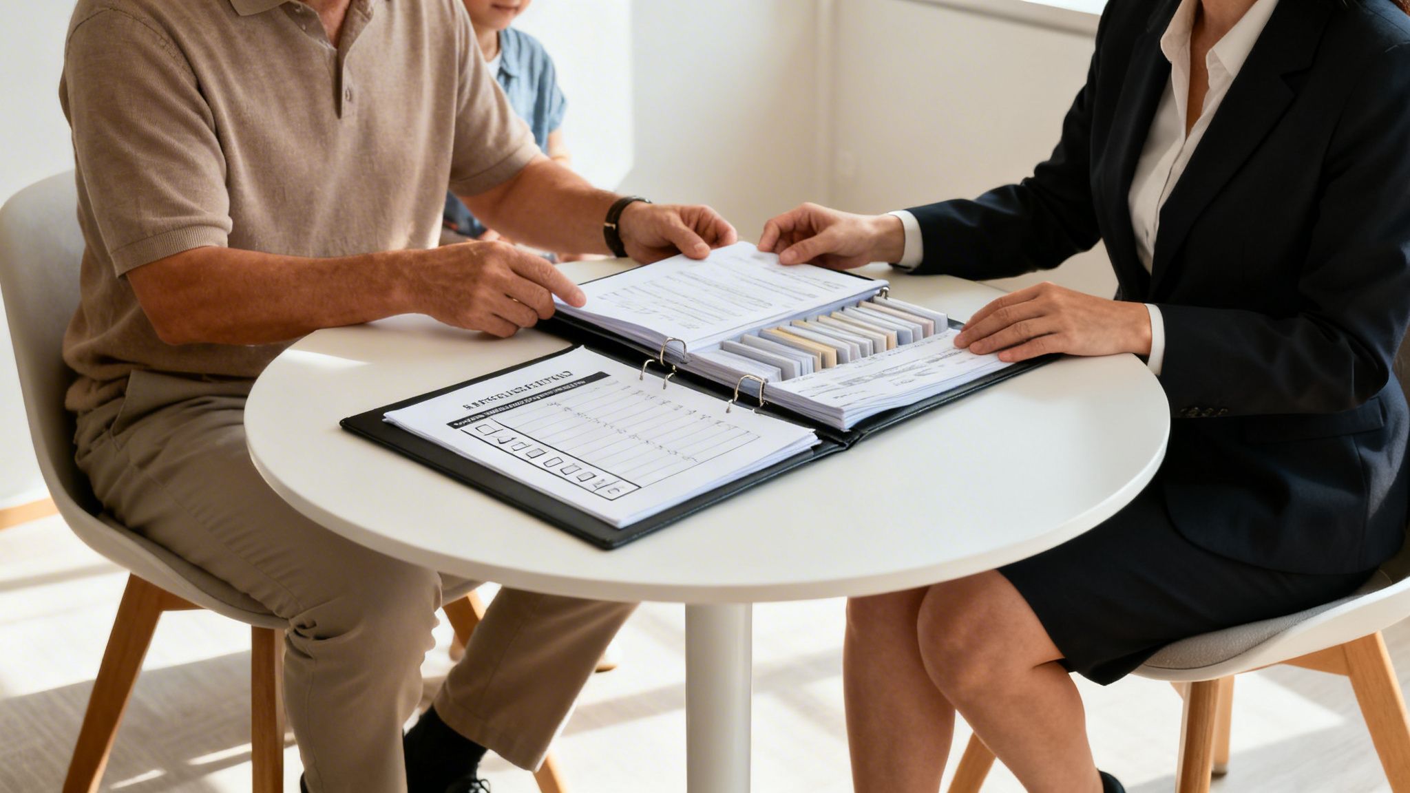 Two professionals and a client review documents and material samples at a business meeting.