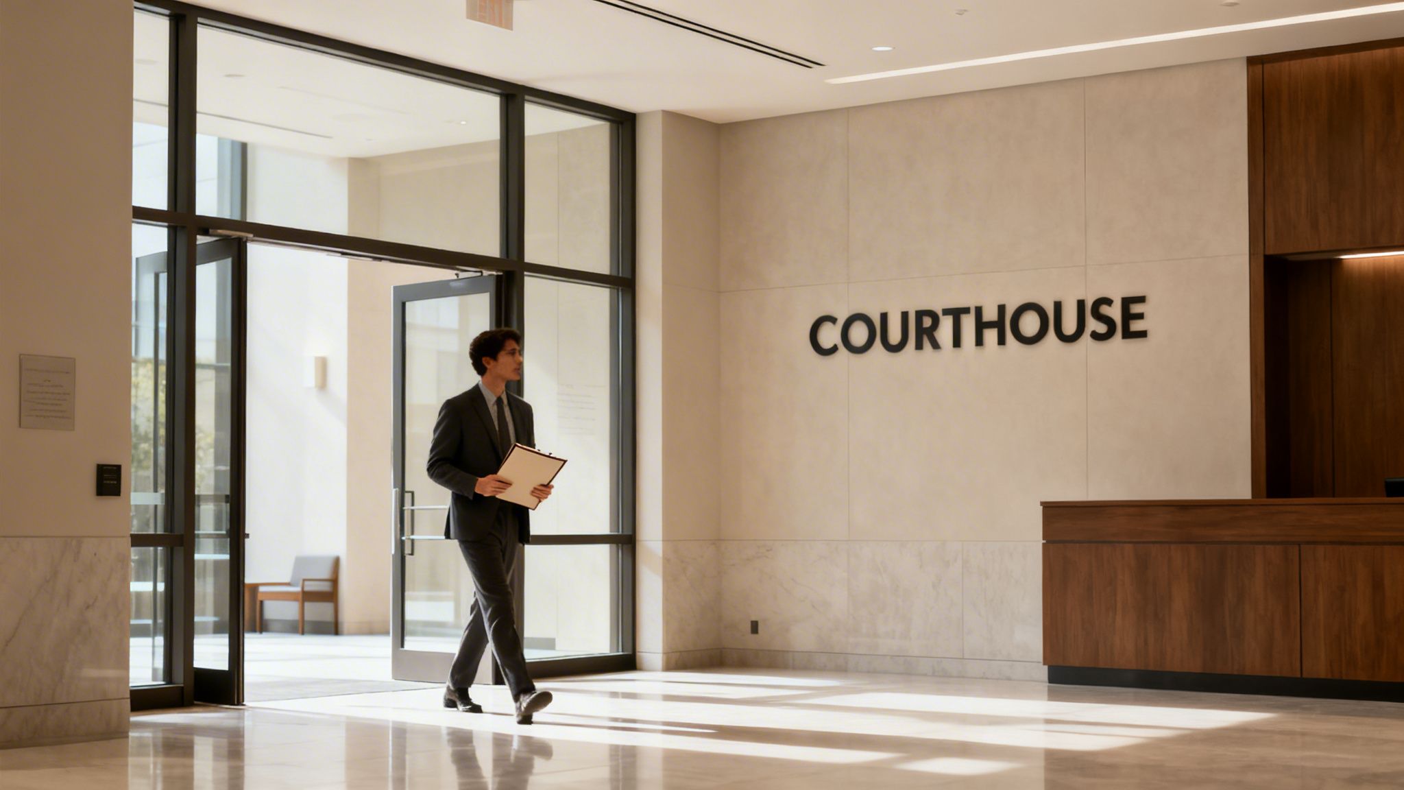 A man in a suit walks through a modern courthouse lobby carrying documents.