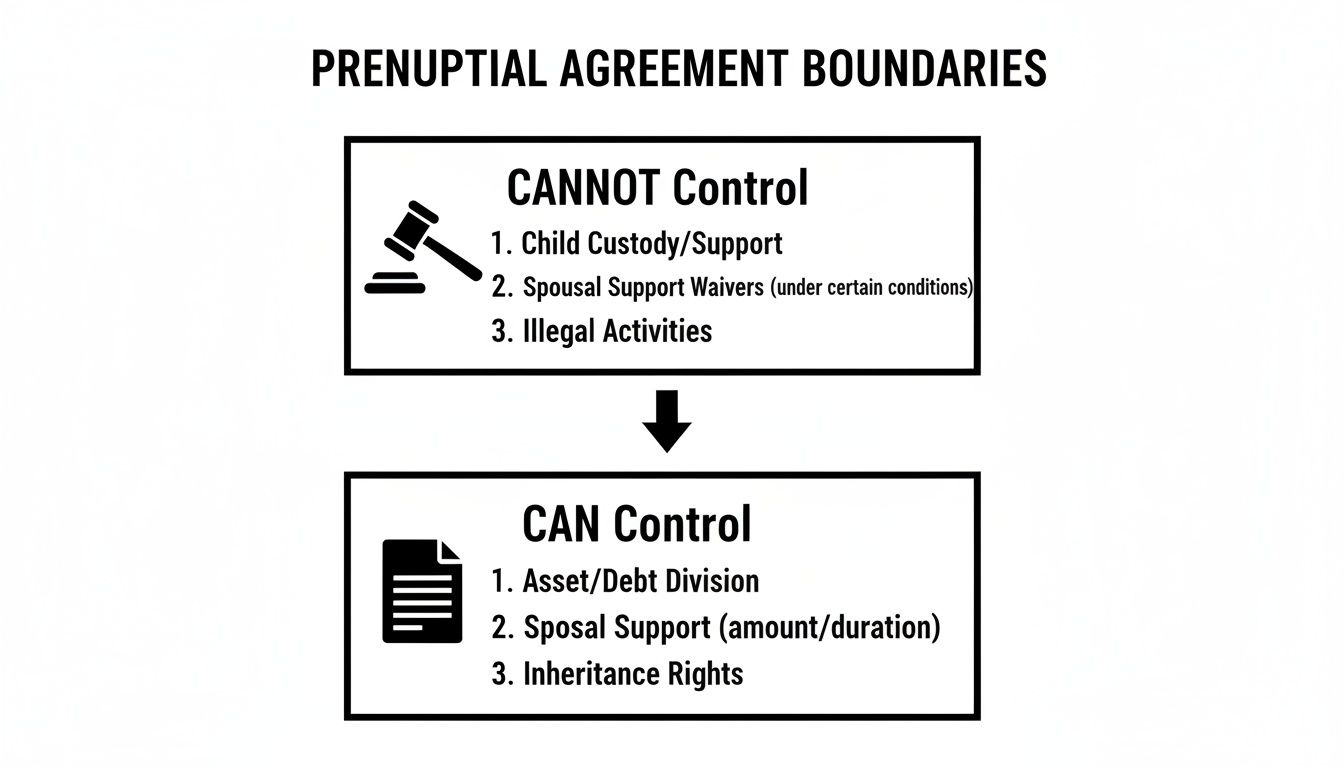 Diagram illustrating what prenuptial agreements can and cannot control, including assets and child support.