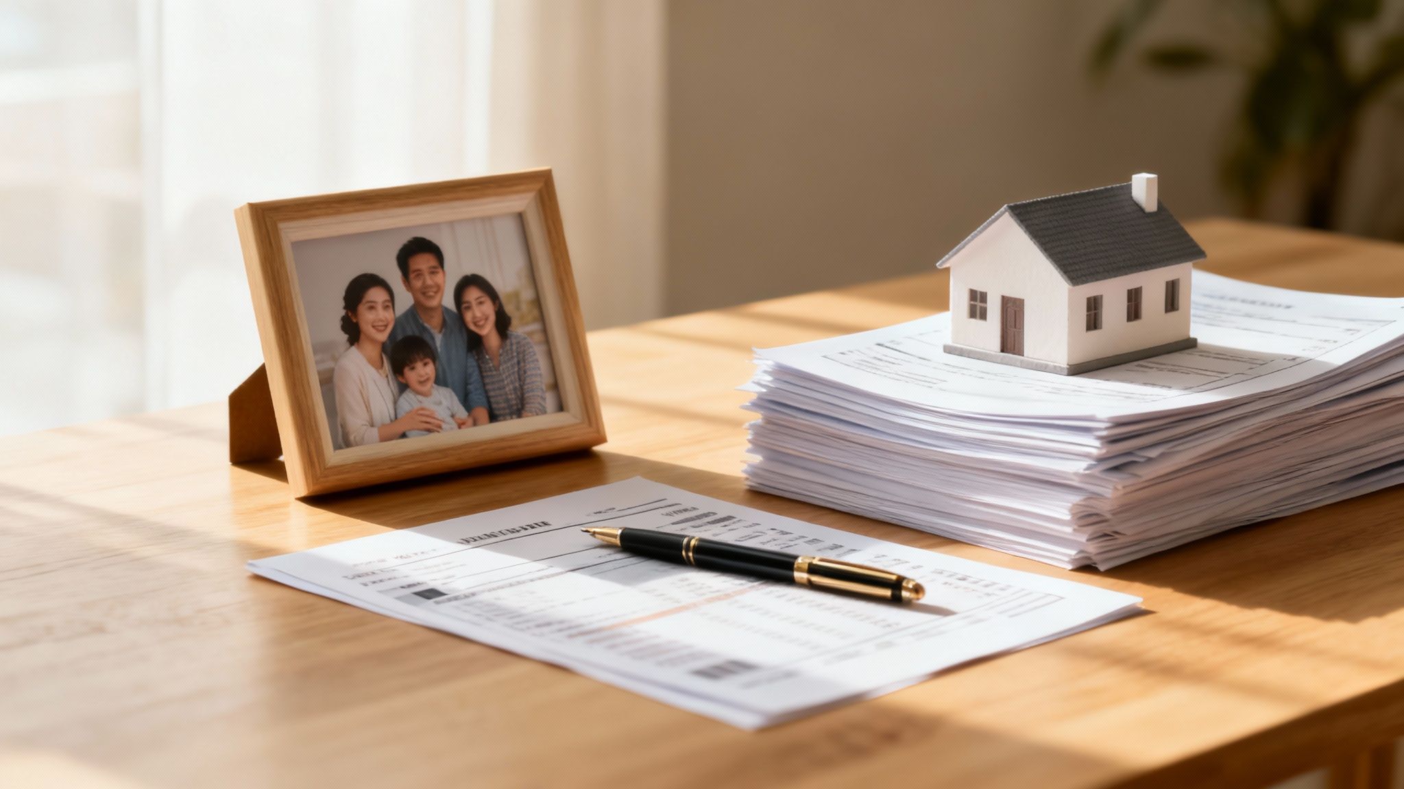 A framed family photo, model house, and documents with a pen on a wooden desk.