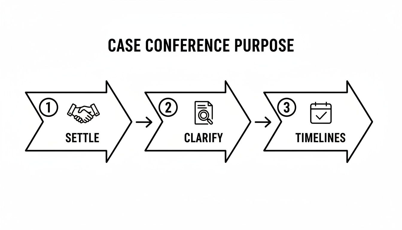 A diagram illustrating the three main purposes of a case conference: settle, clarify, and timelines.