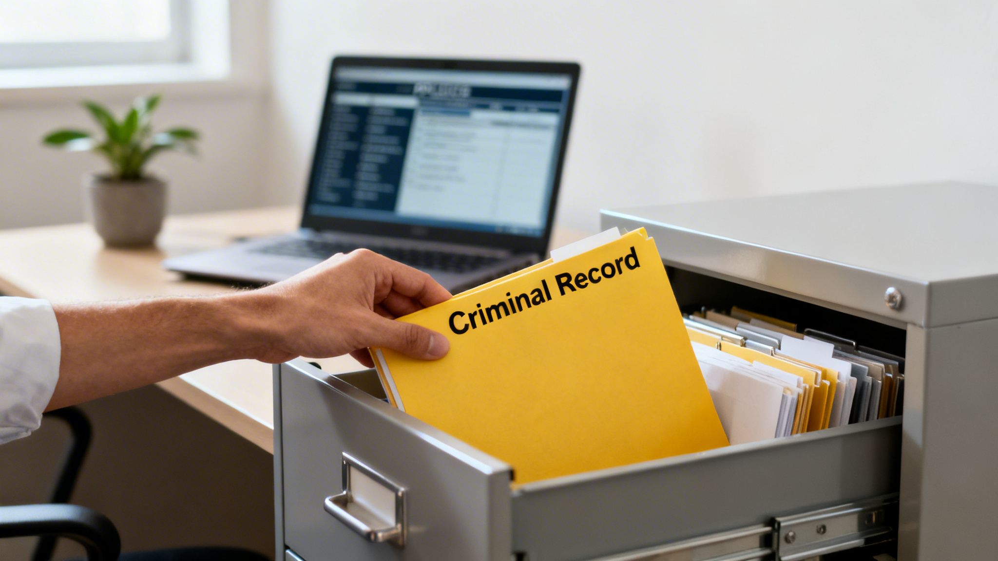 A hand places a yellow folder labeled 'Criminal Record' into a filing cabinet, with a laptop in the background.