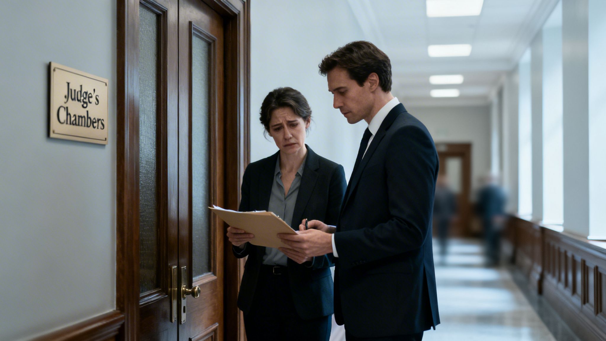 Two lawyers, a distressed woman and a man, discuss documents outside Judge's Chambers in a court hallway.