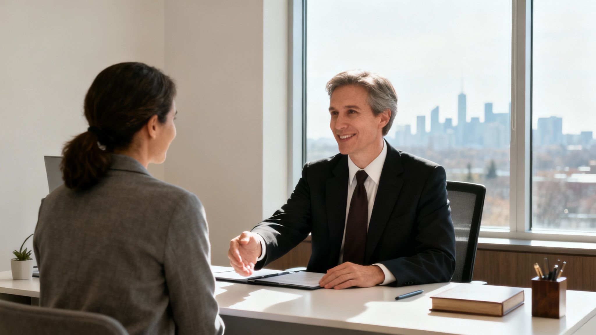 Two business professionals, a man and a woman, shaking hands in a modern office with a city view.