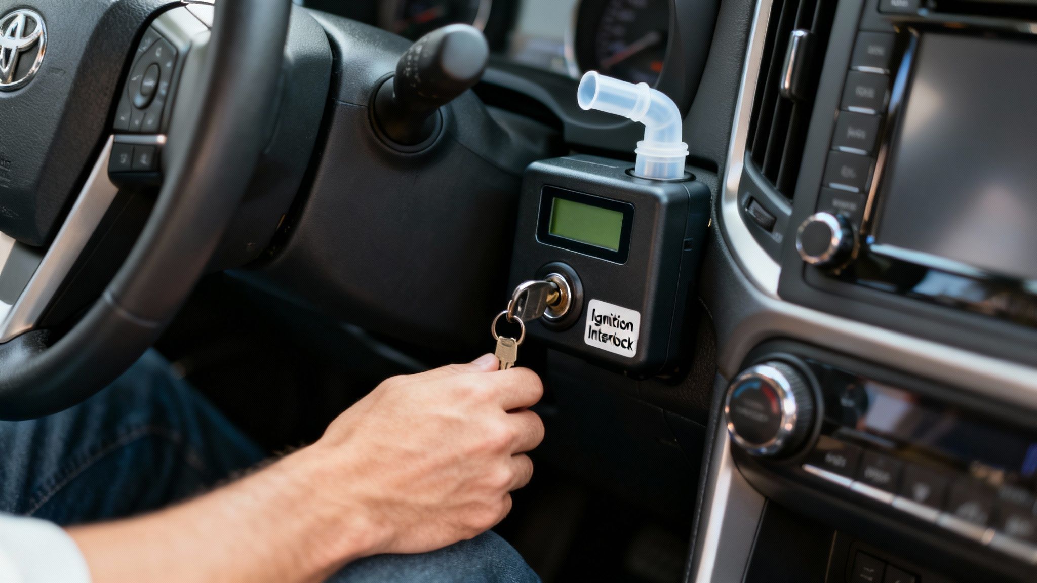A person's hand inserts a car key into an ignition interlock device mounted in a vehicle.