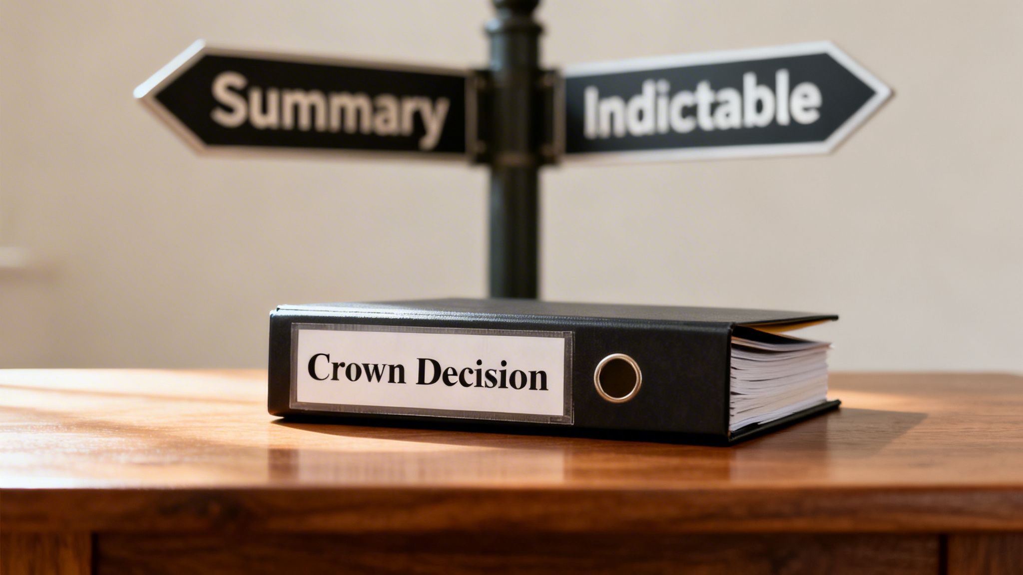 A black binder labeled "Crown Decision" on a wooden table, with a signpost pointing to "Summary" and "Indictable" in the background.