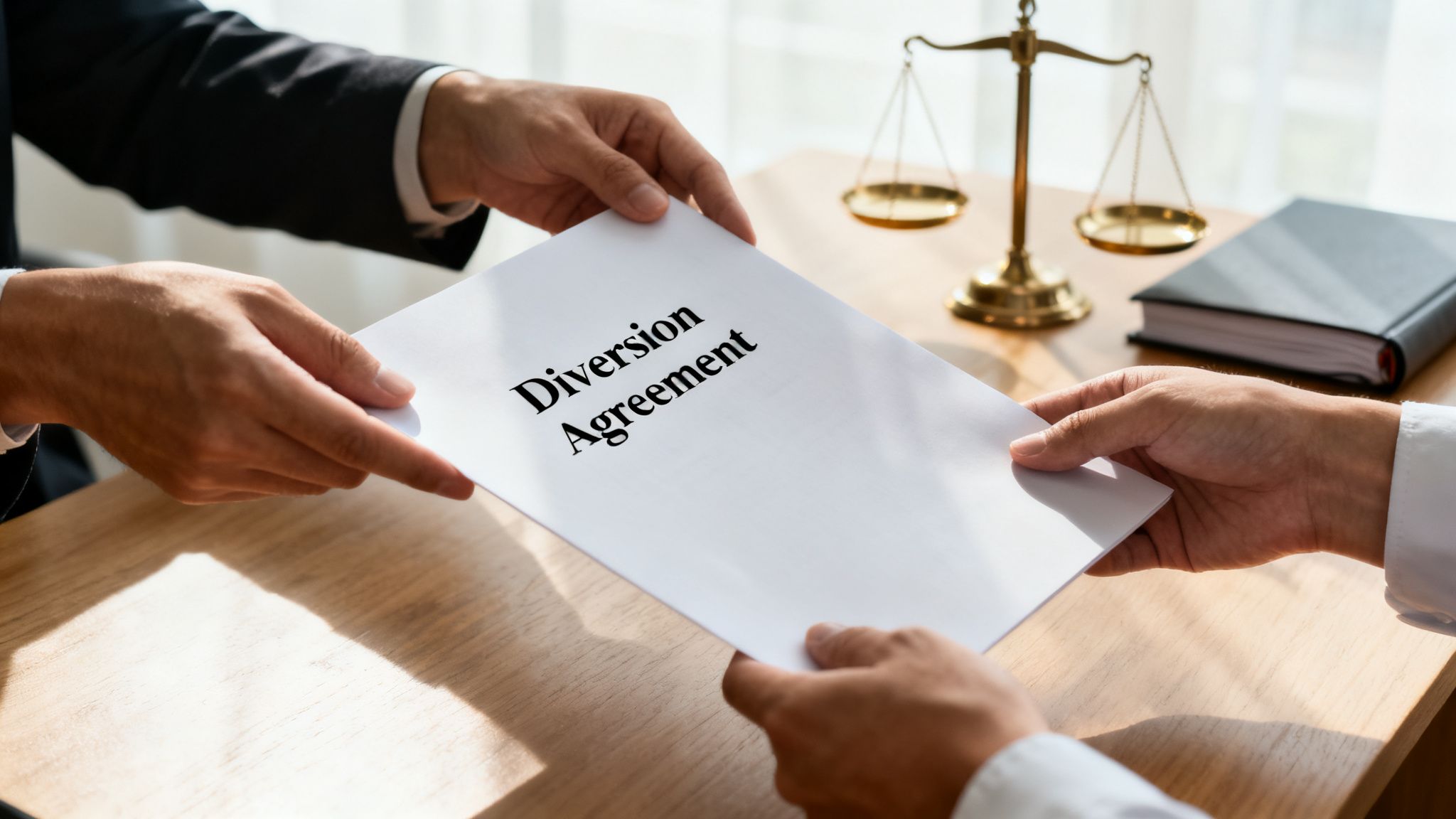 Two people exchange a 'Diversion Agreement' document in a legal setting with scales of justice.