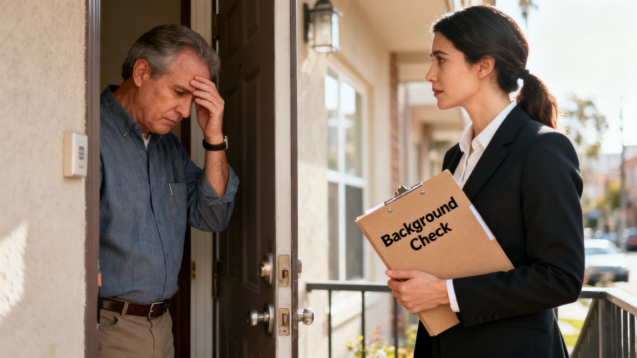 A woman holding a "Background Check" clipboard confronts a distressed man at his doorway.