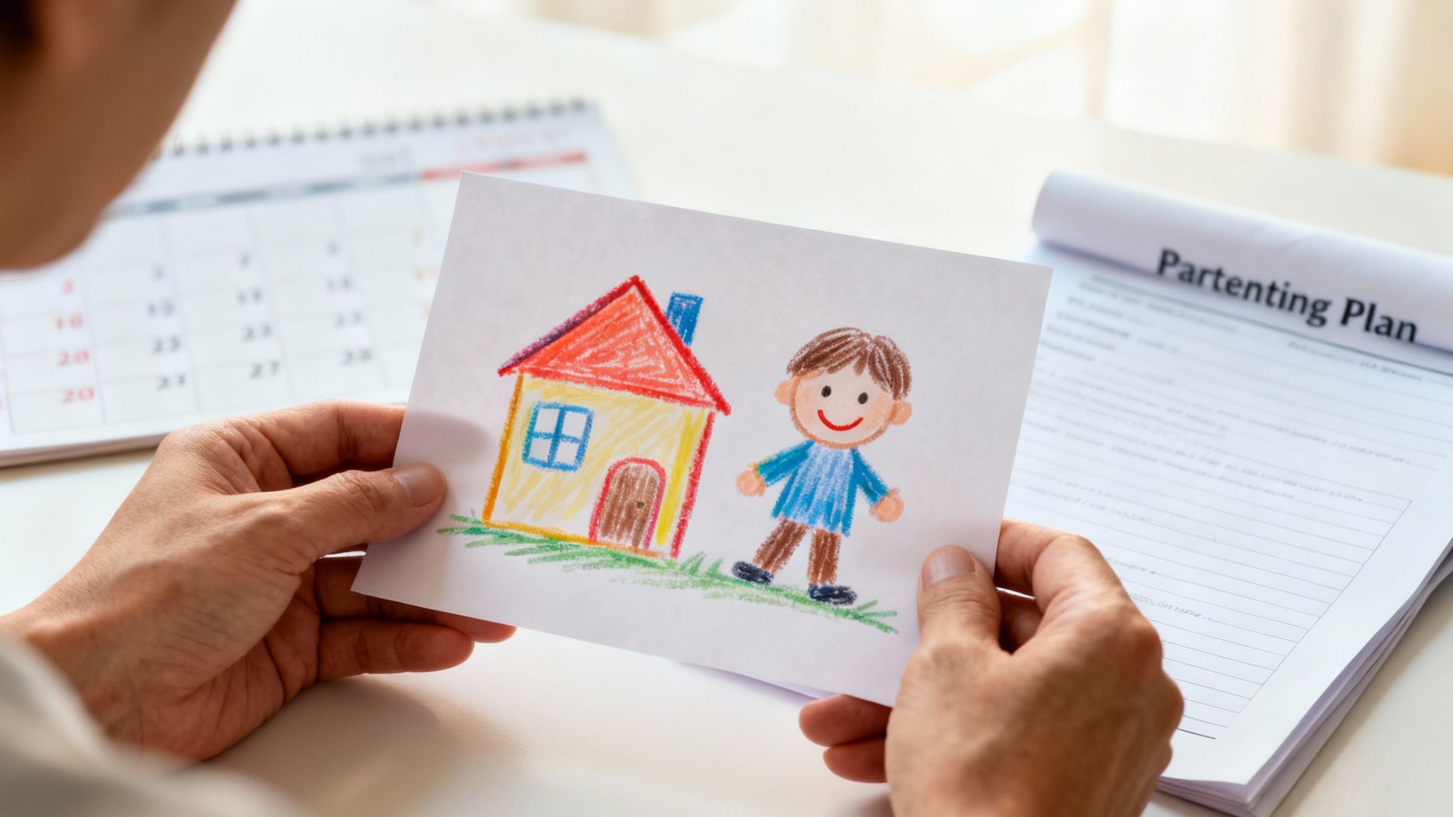 Hands hold a child's drawing of a house and a boy, with a "Parenting Plan" document nearby.