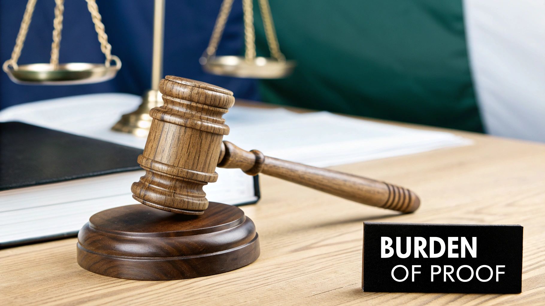 A judge's gavel and scales of justice on a wooden desk with a 'BURDEN OF PROOF' sign.