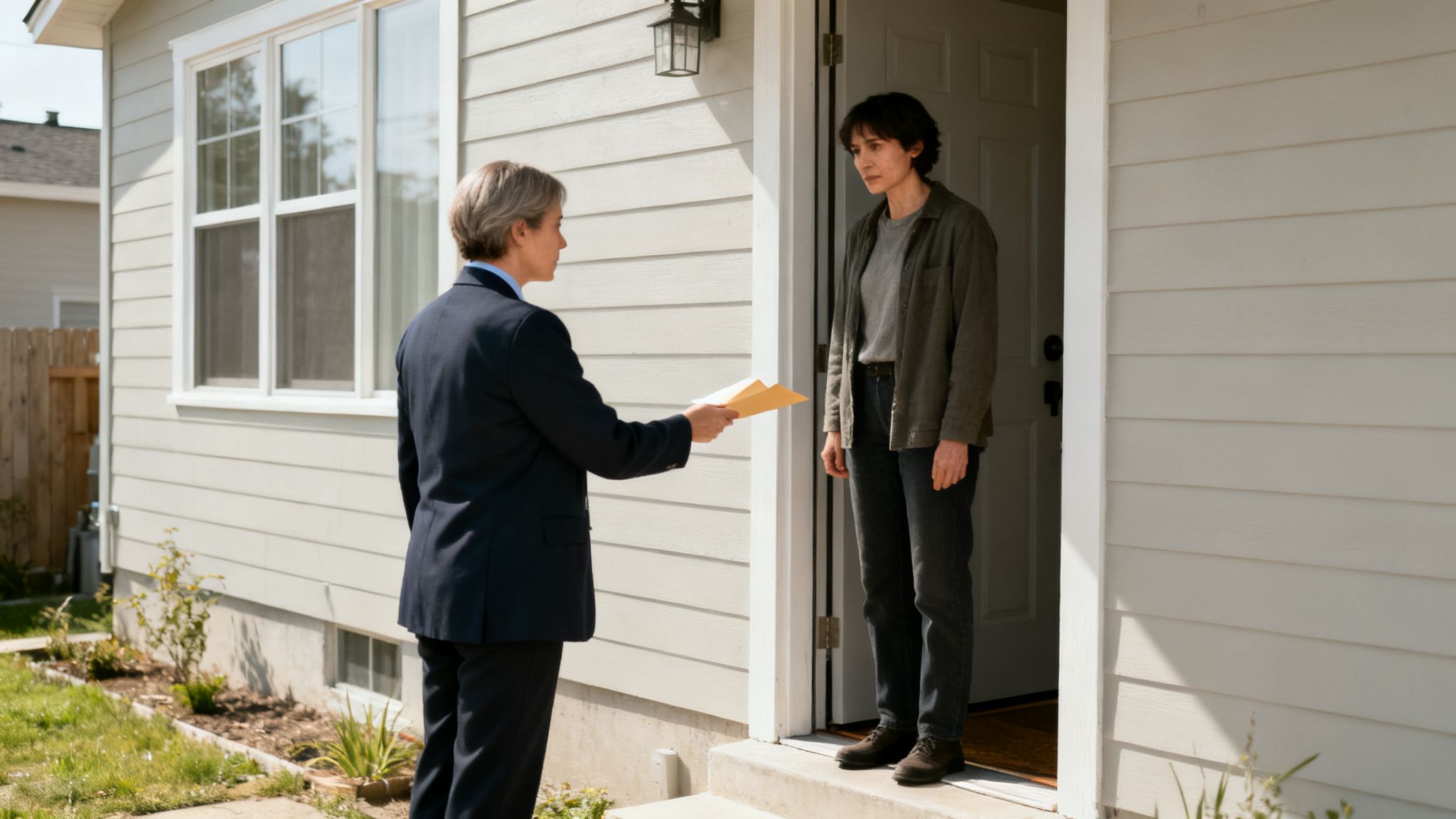 A woman in a suit hands an envelope to another woman standing in a house doorway.