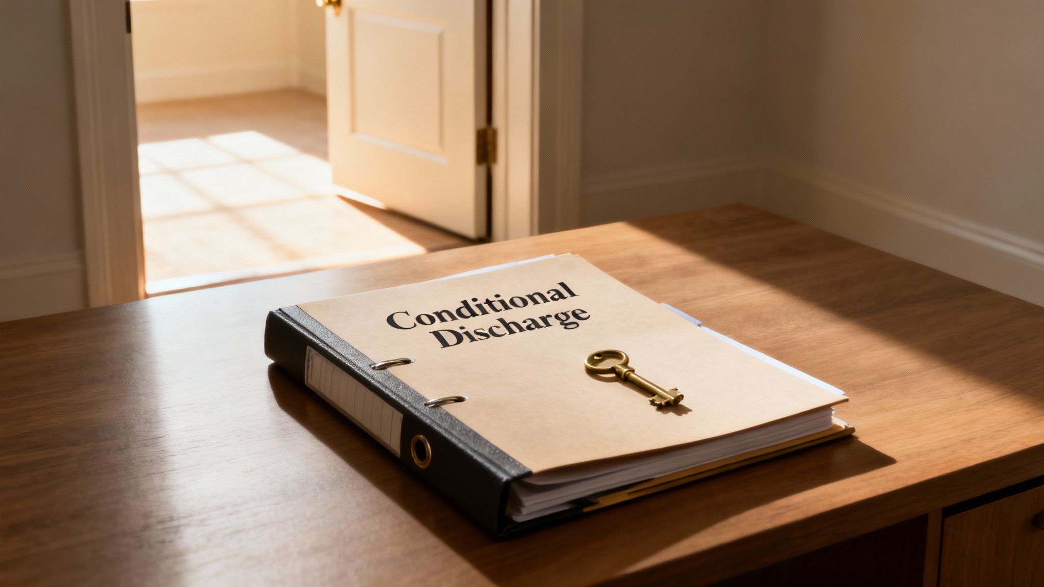 A binder labeled 'Conditional Discharge' with an antique key on a wooden table, in front of an open door.