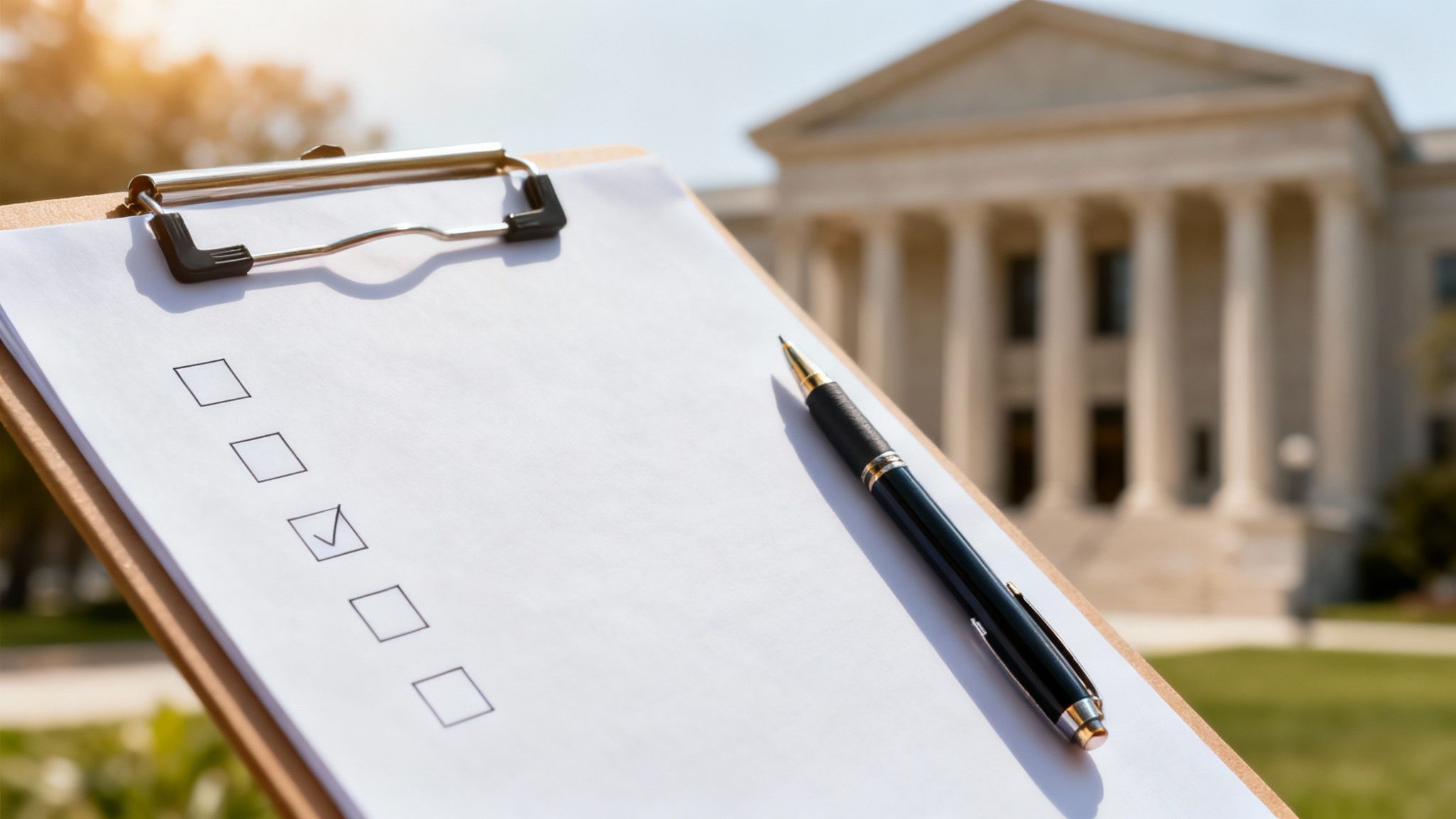 A close-up of a clipboard with a checklist, one item checked, and a pen, against a courthouse background.