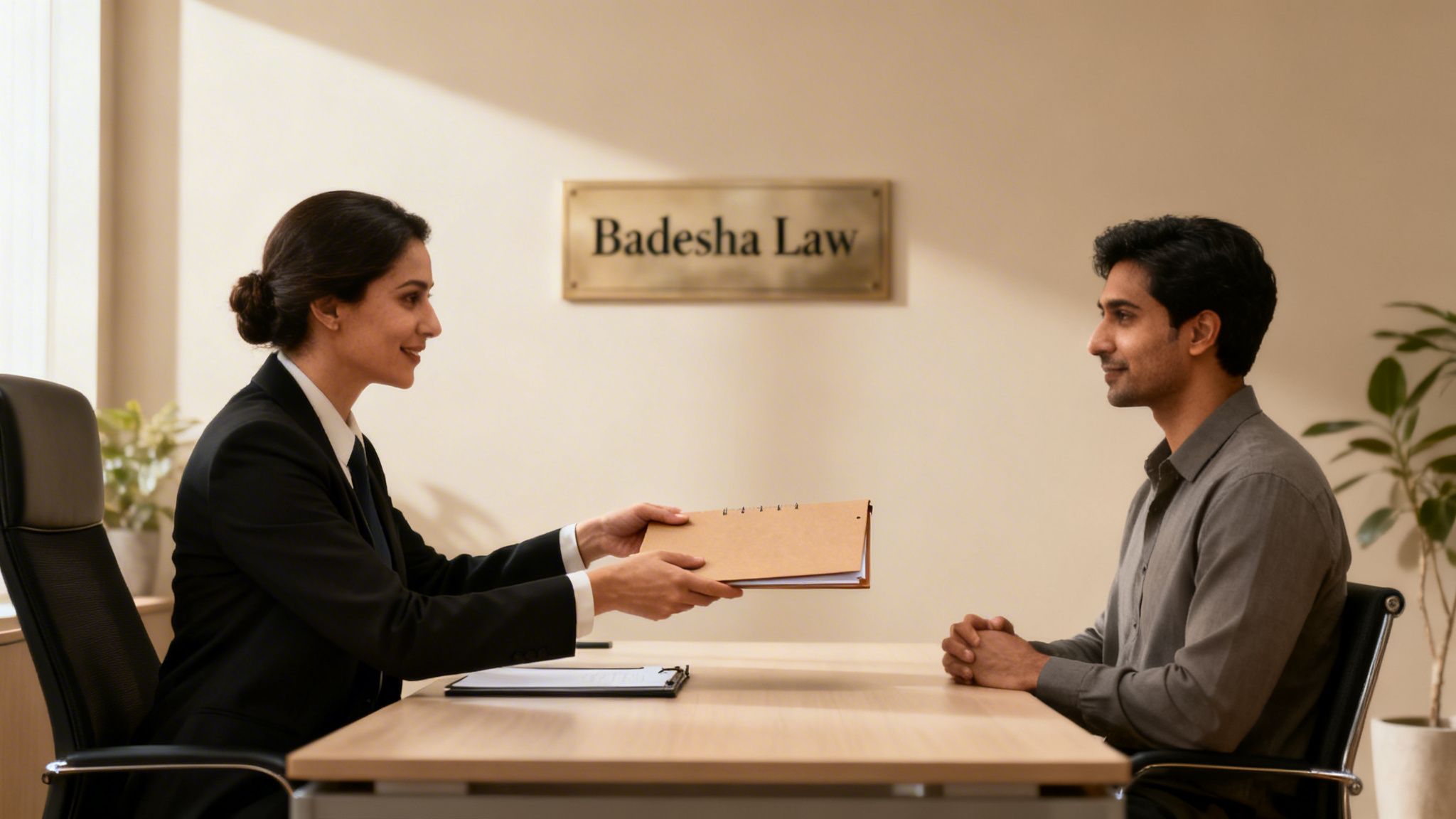 Female lawyer hands documents in a folder to a male client in a professional law office.