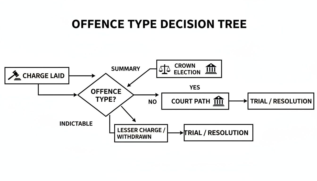 Flowchart illustrating the legal decision process for different offence types, from charge laid to trial or resolution.