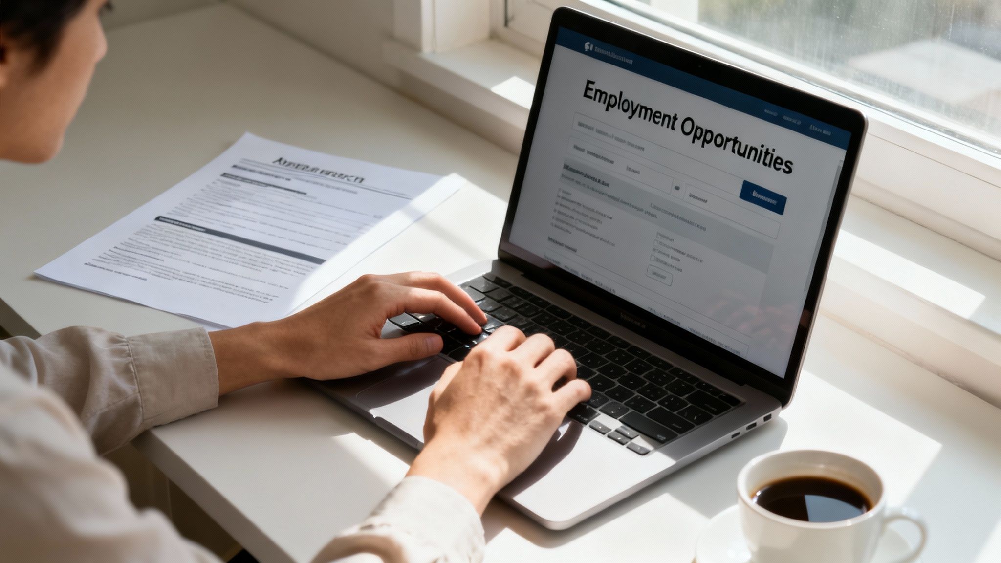 A person types on a laptop displaying 'Employment Opportunities', with documents and coffee on the desk.