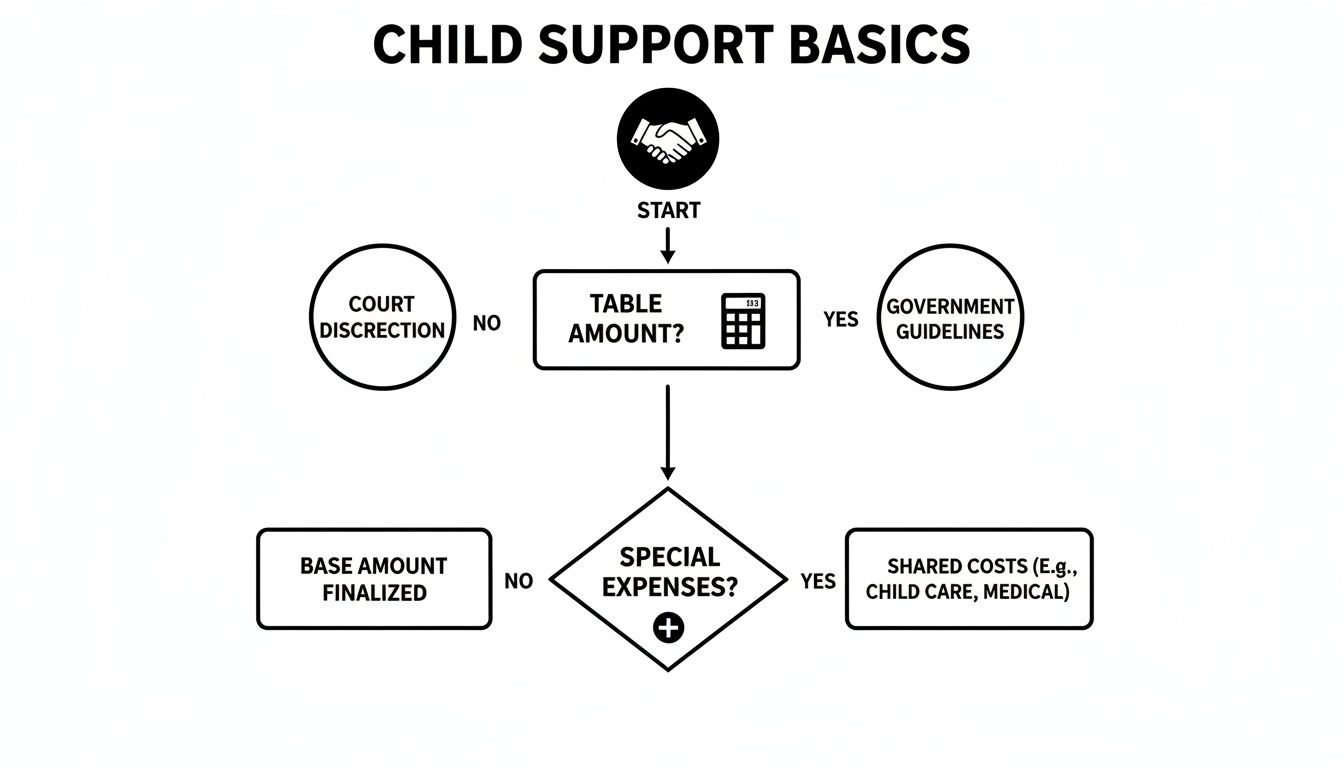 A flowchart explaining child support basics, from calculating table amount to special expenses.
