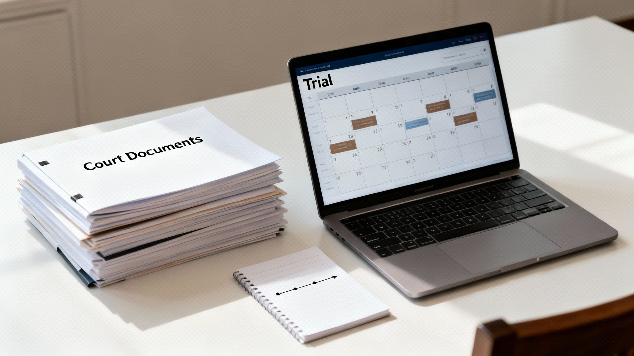 A stack of court documents, a laptop displaying a trial calendar, and a notebook on a white desk.