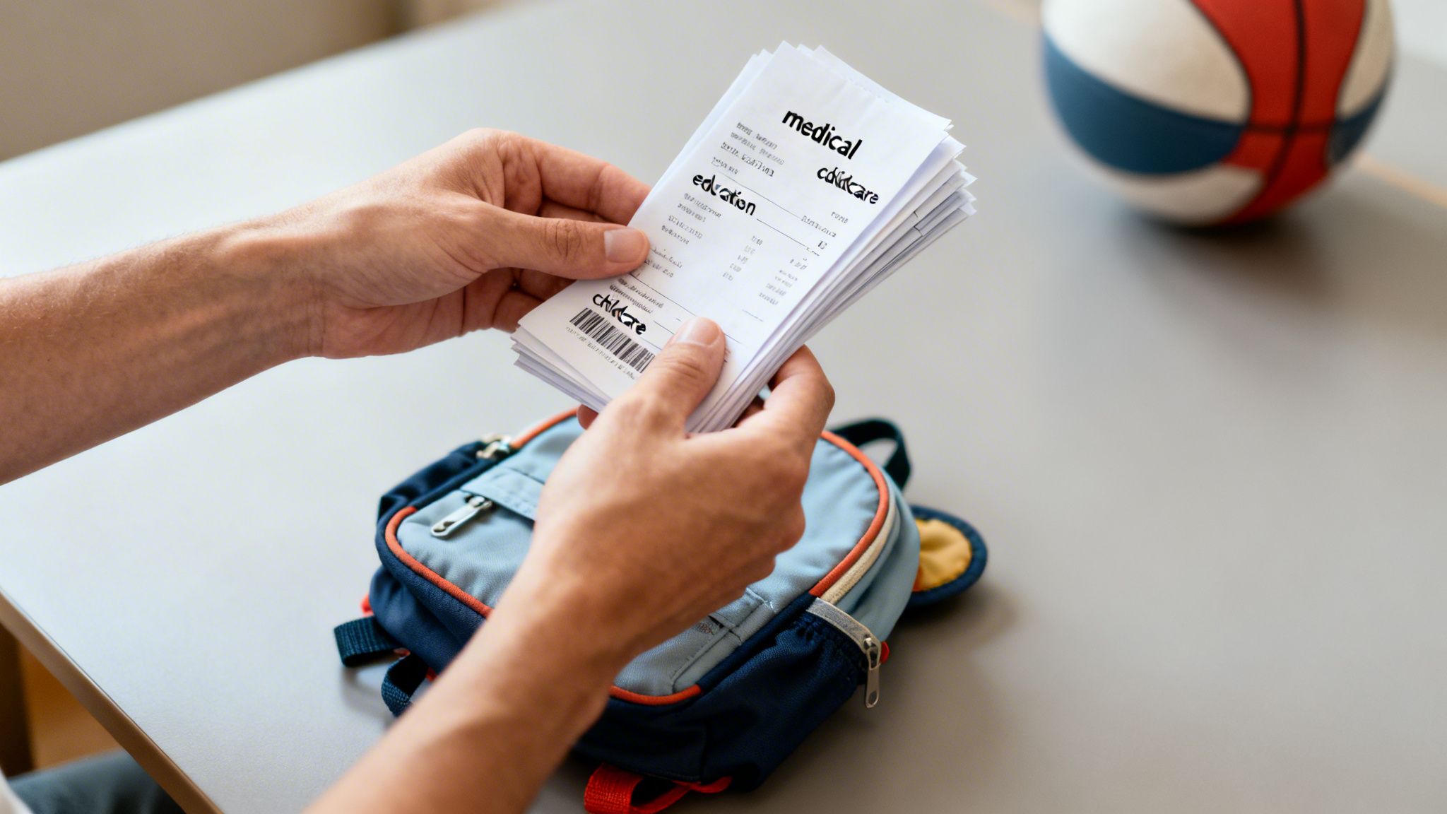A person's hands hold receipts labeled 'medical', 'education', and 'childcare' on a table, next to a small backpack.