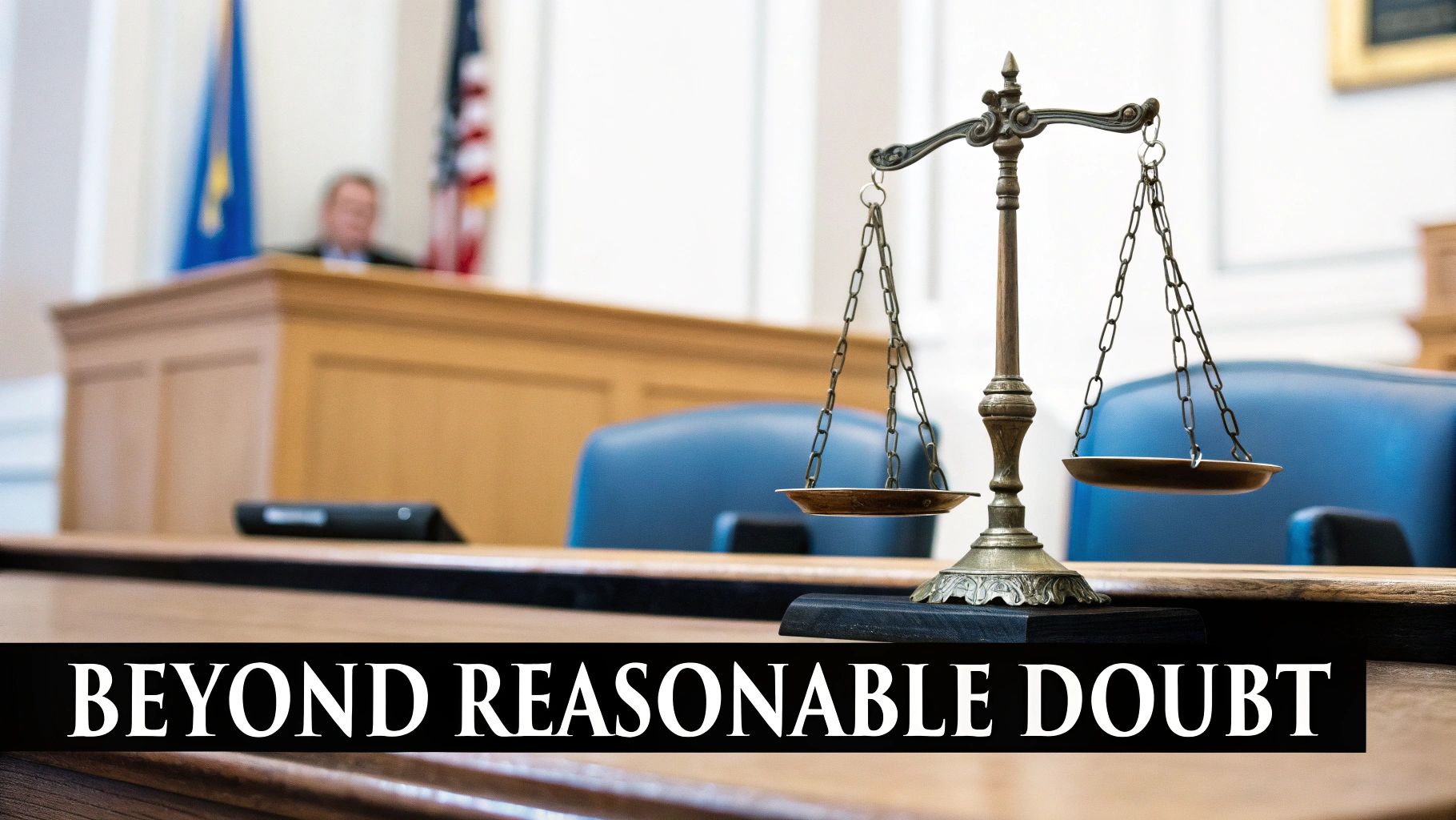 A scales of justice in a courtroom with a judge in the background and 'Beyond Reasonable Doubt' text.