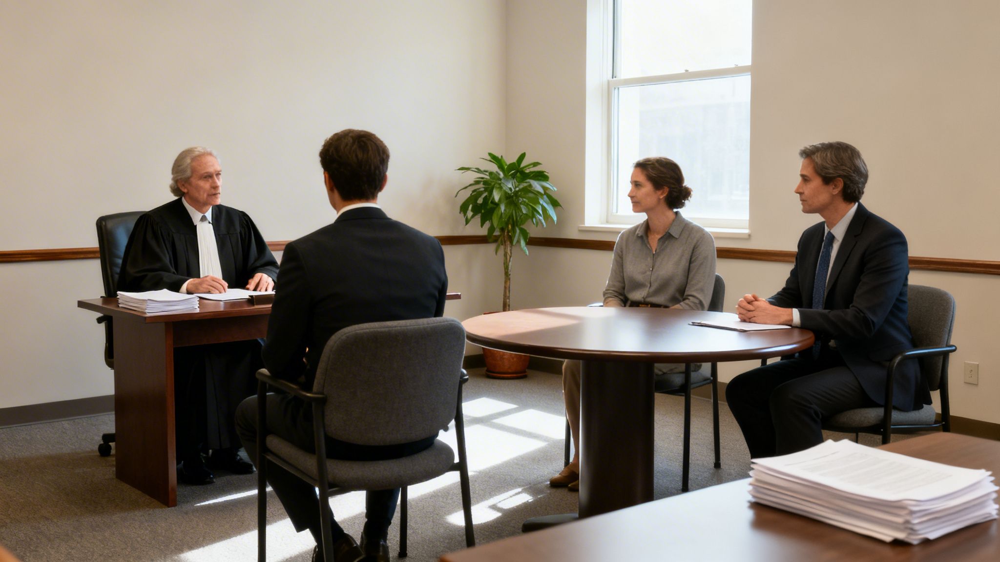 Four people, including a judge or mediator, in a settlement conference room discussing documents.